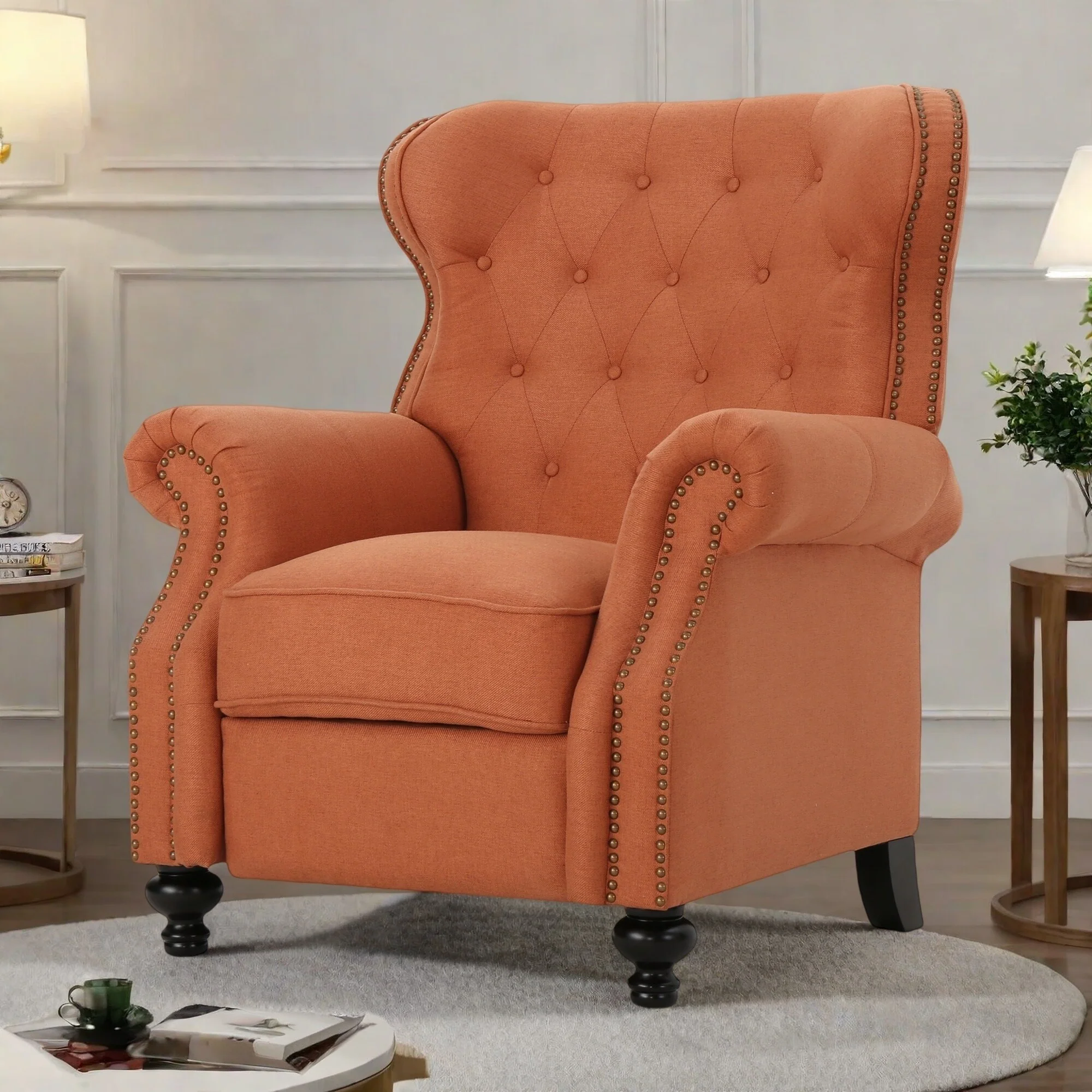 Tufted?Recliner?Chair?-?Diamond?Stitch?Backrest,?Nailhead?Trim?and?Rolled?Arms?