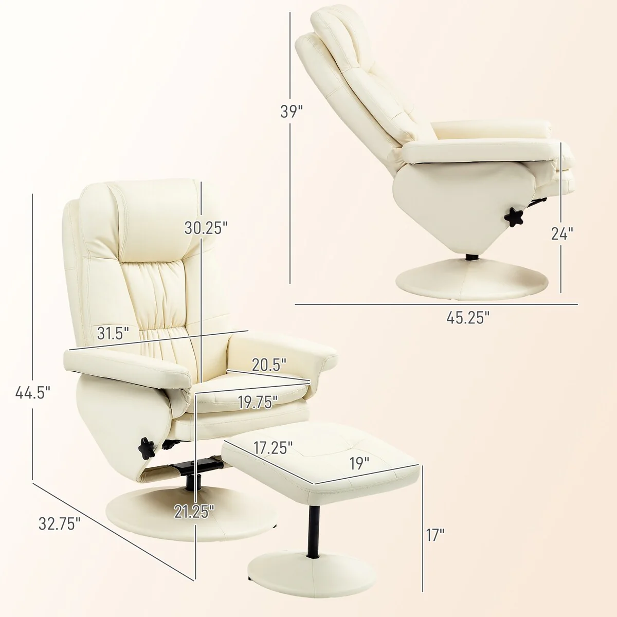 HOMCOM Swivel Recliner with Ottoman, PU Leather and Footrest with Wrapped Base, Cream White