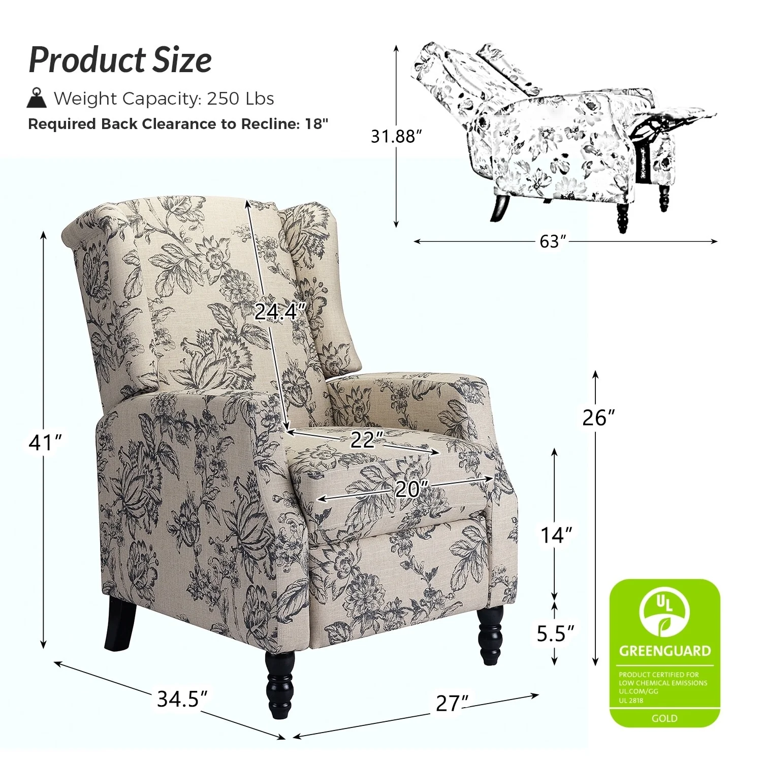 Damaris Mid-Century Modern Manual Pushback Recliner with Wingback Design by HULALA HOME