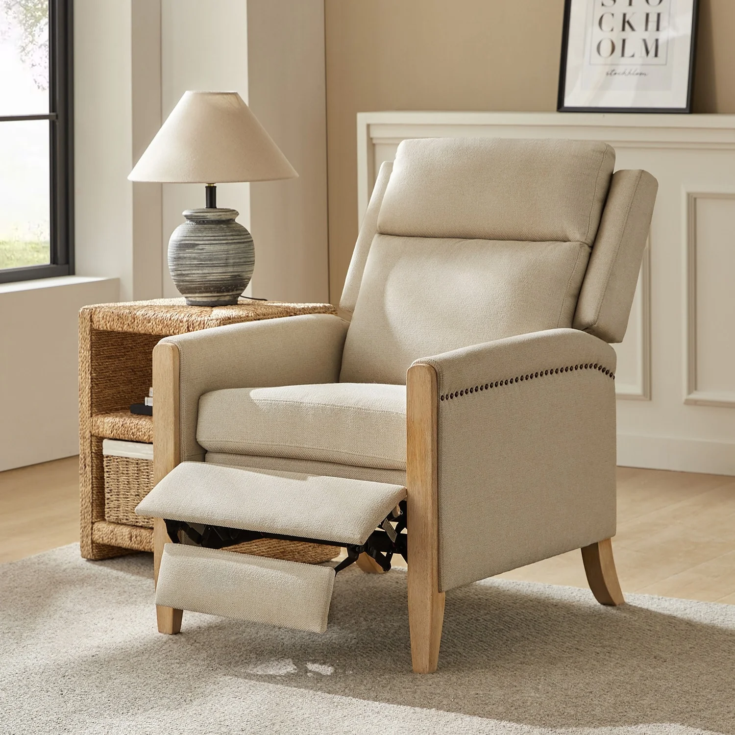 Suares Transitional Nailhead Manual Recliner with Solid Wood Legs by HULALA HOME