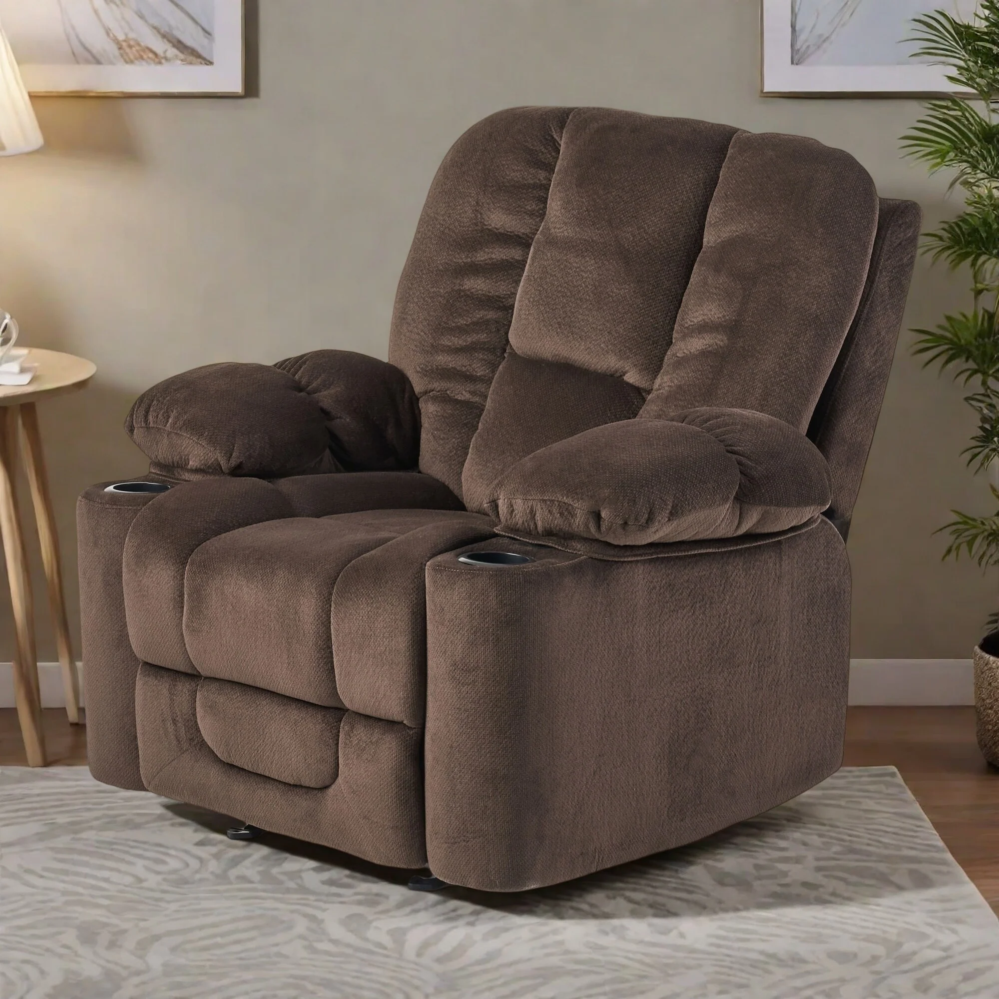Fabric Manual Recliner Chair with Dual Cup Holders and Generous Padded Cushions