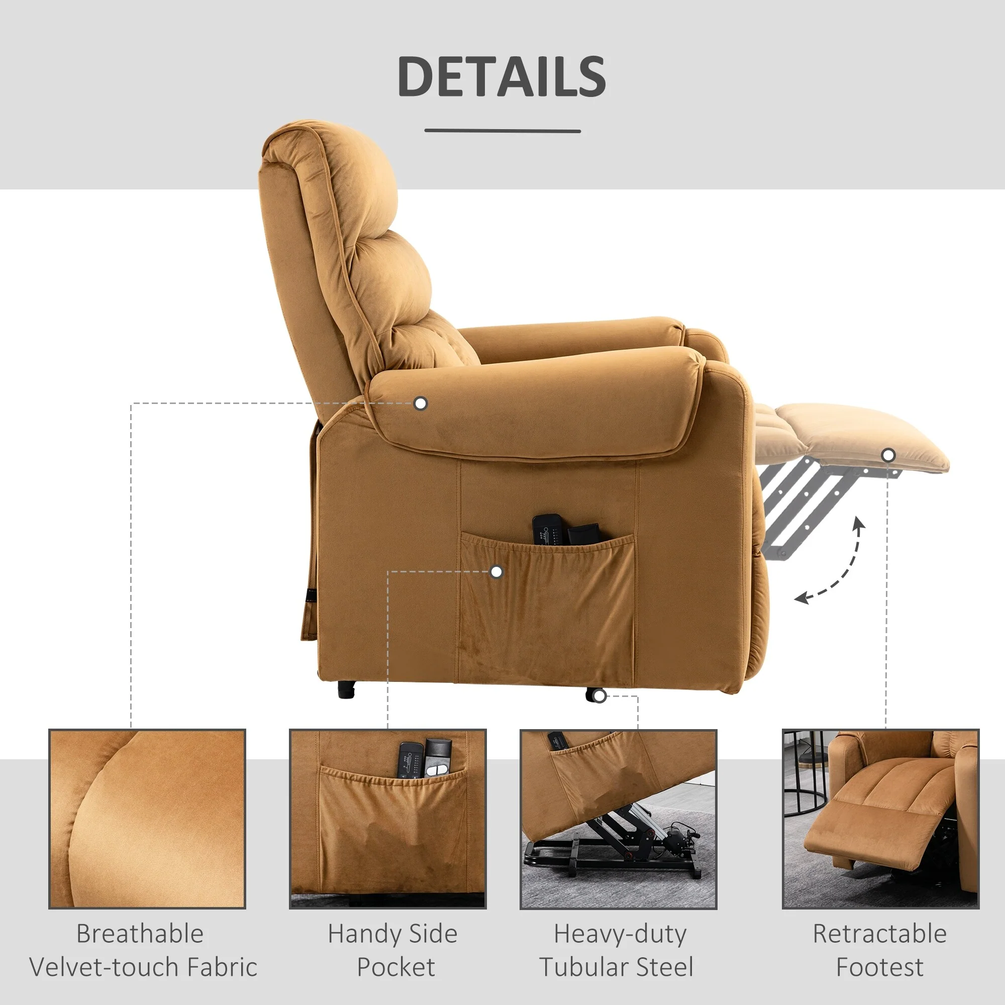 Brown Velvet Lift Recliner with Massage, Remote Control, and Adjustable Recline