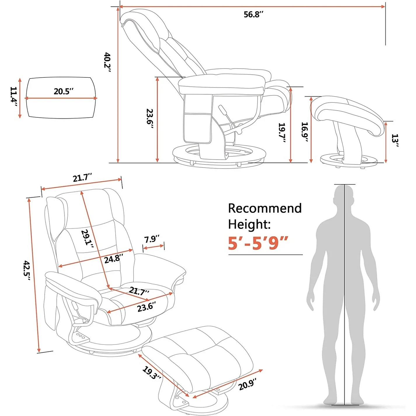 MCombo Swivel Recliners with Ottoman, Vibration Massage TV Chairs with Side Pocket