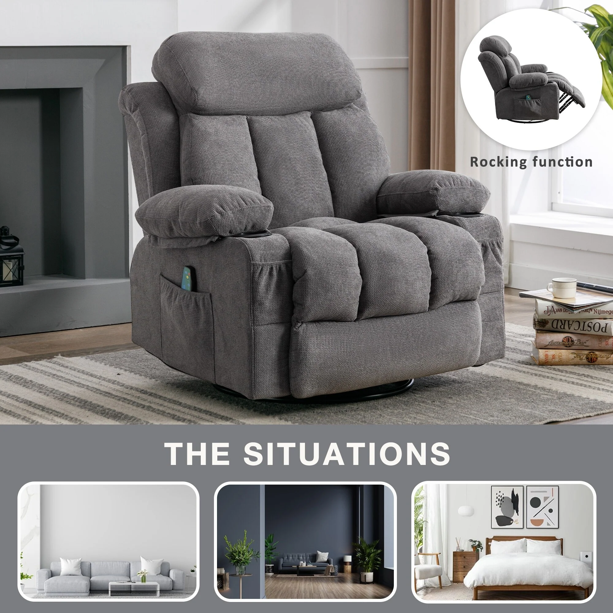 Massage 360 Swivel Rocker Recliner Chair, Heating, Cup Holders, USB