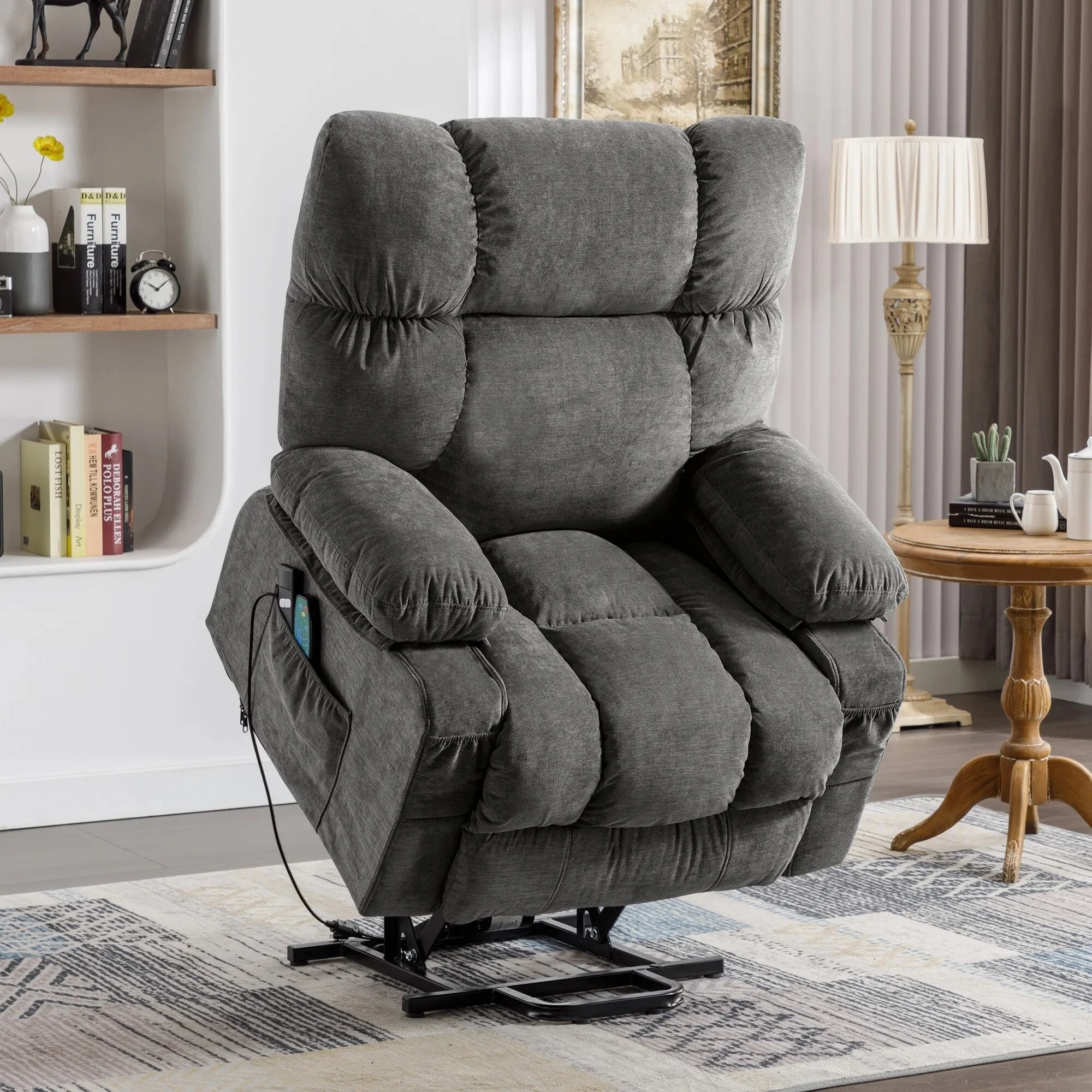Blue Power Lift Recliner Chair with Heat, Massage, USB Charging, Side Pockets and Remote Control