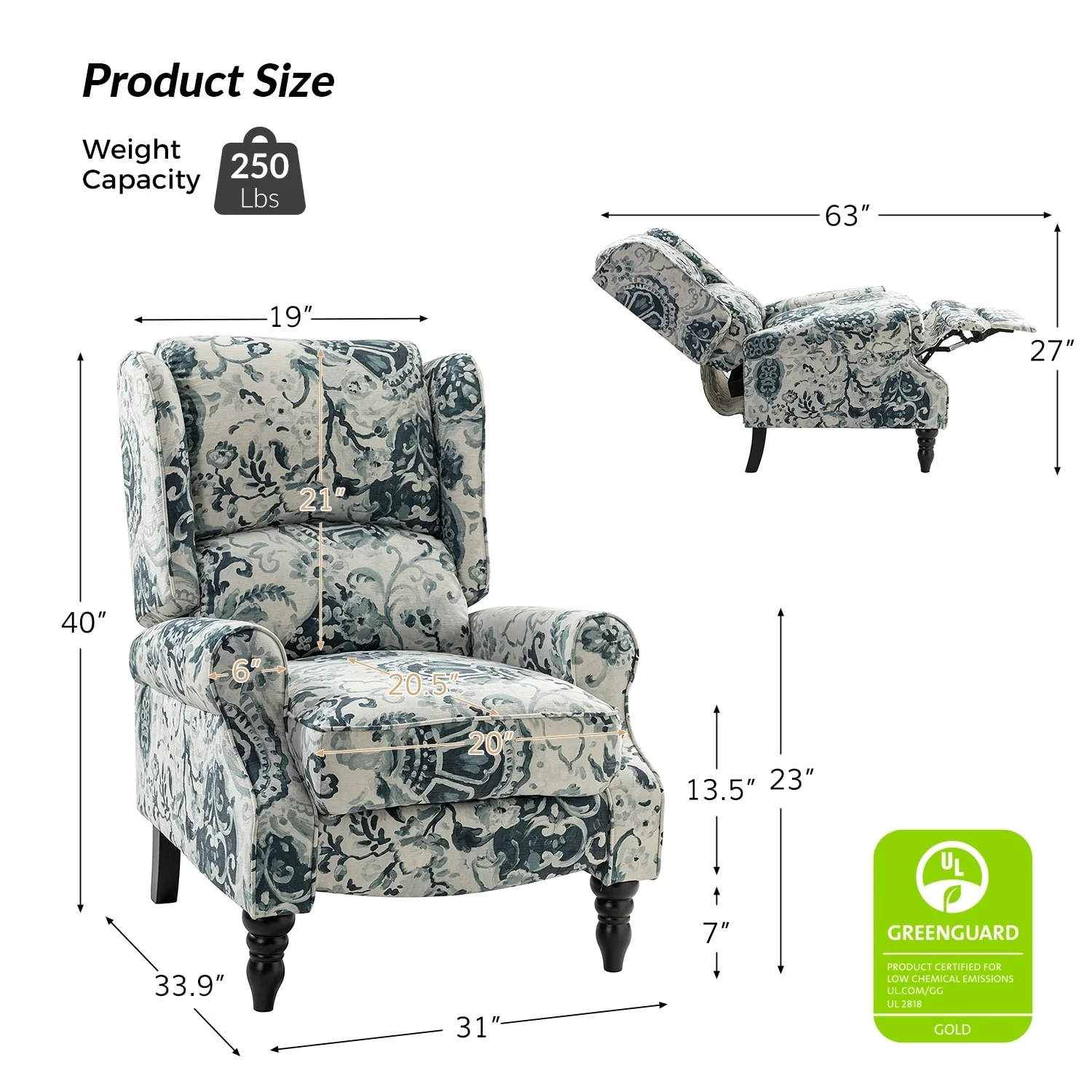 Olympus Upholstered Classic Manual Wingback Recliner with Solid Wood Legs Set of 2 by HULALA HOME