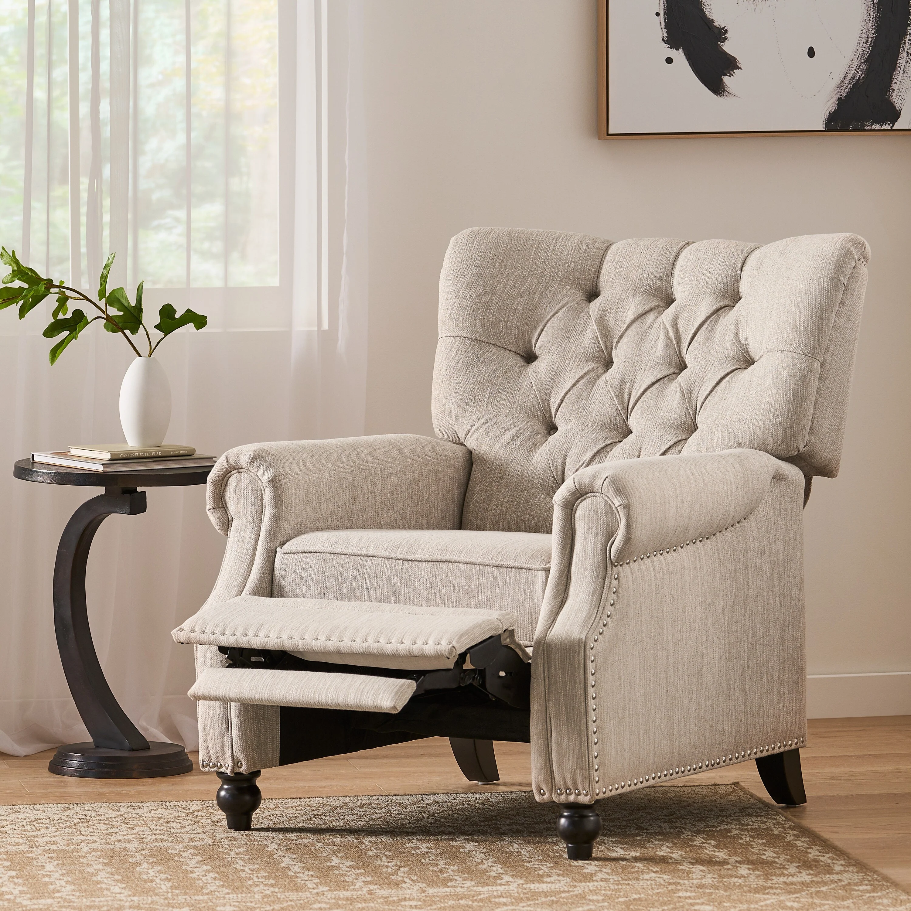 Roomfitters Recliner Chair with Button Tufting and Nailhead Trim, Push-Back Lounge Accent Chair
