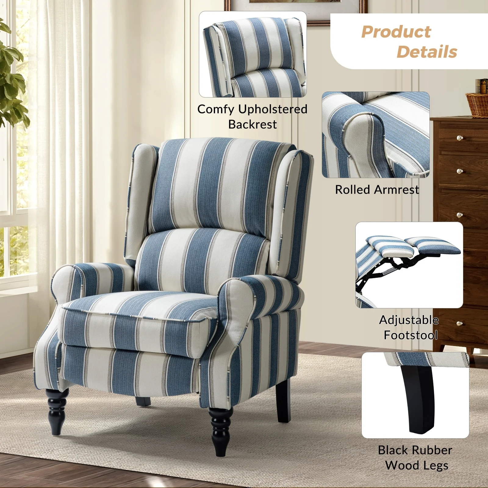 Olympus Upholstered Classic Manual Wingback Recliner with Solid Wood Legs by HULALA HOME