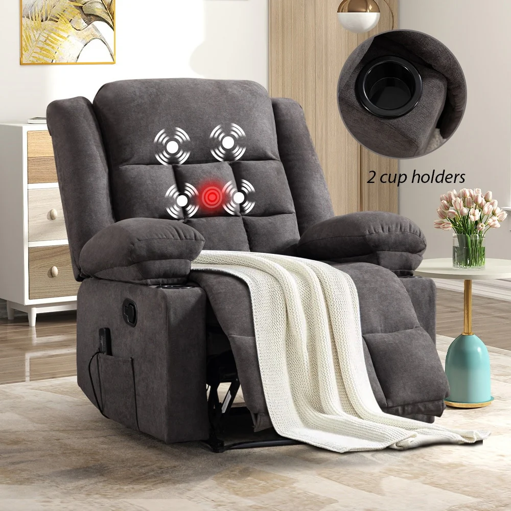 Ebello Manual Recliner Chair with Massage and Heat, Fabric Recliner with Cup Holders  Storage Pockets, Lounger for Living Room