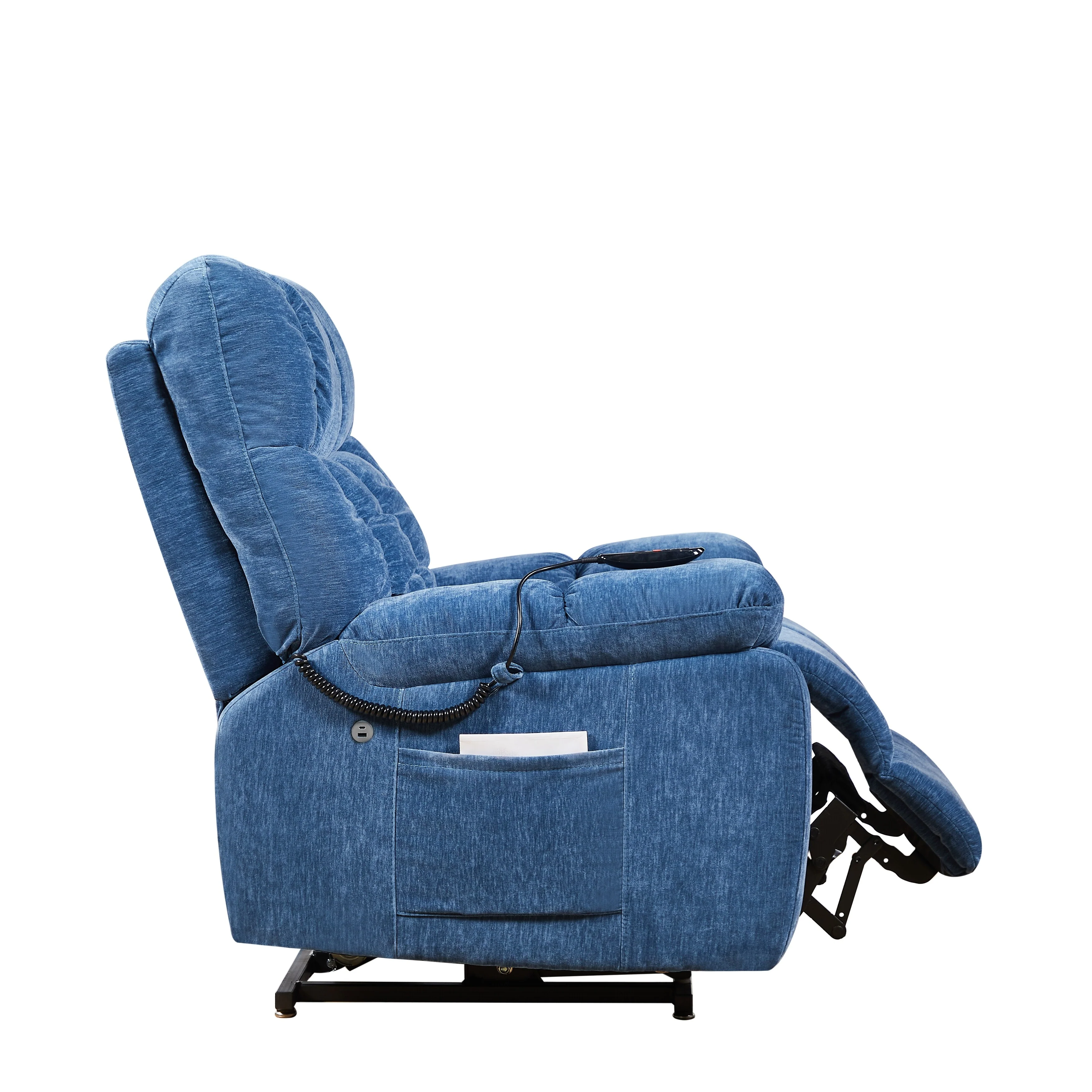 Blue Power Lift Recliner Chair with Dual OKIN Motors, Massage, Lumbar Heating, Adjustable Positions, USB Ports, and Side Pockets