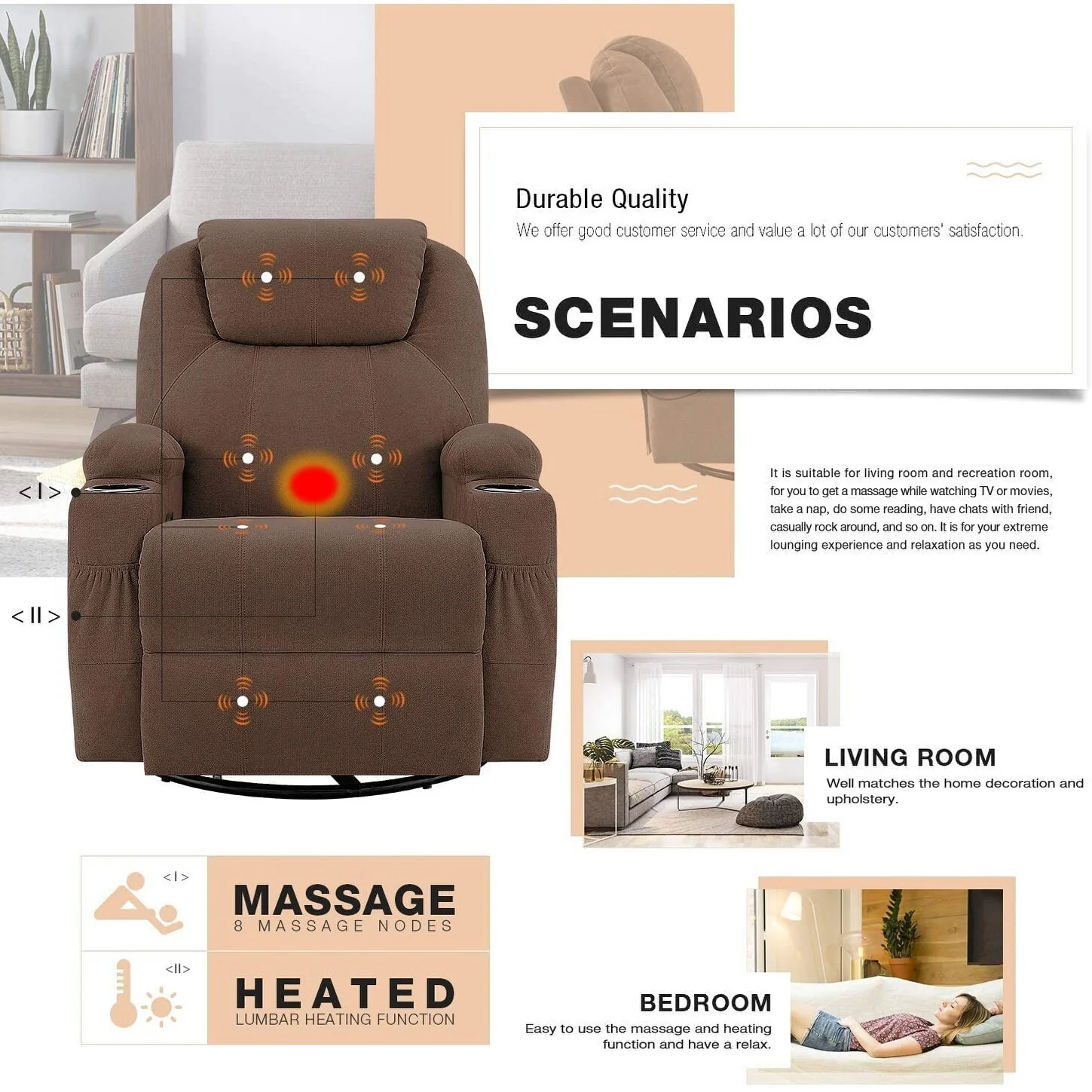 Furniwell Rotary Massage Heated Function Recliner Fabric Whirl