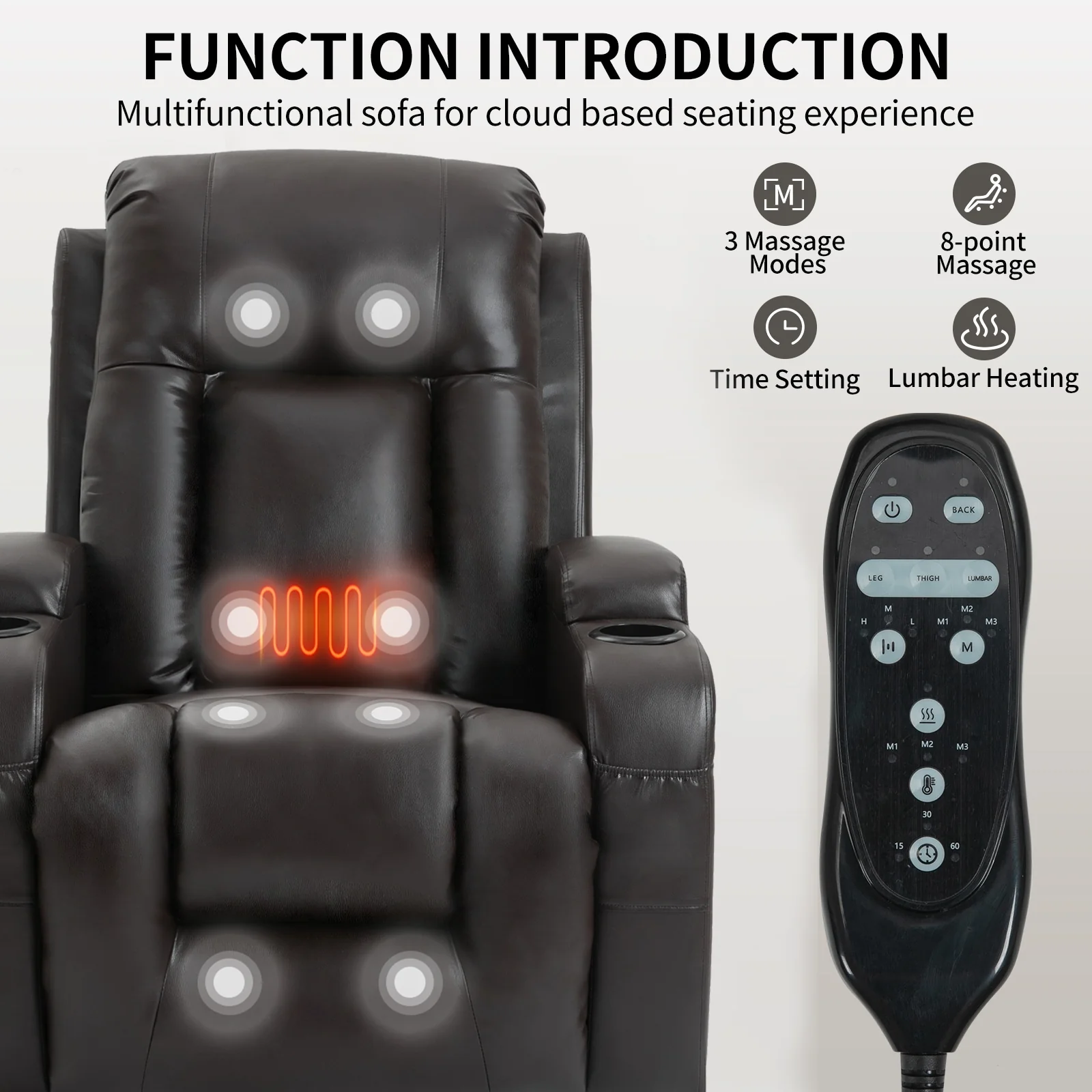 Heavy-Duty Power Lift Recliner with 8-Point Massage, Lumbar Heat Therapy, USB Charging, Dual Cup Holders, and Spacious Seating