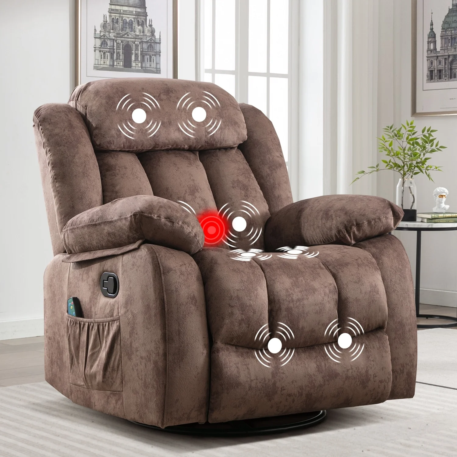 Soft Fabric Overstuff Manual Recliner with Massager and Heat