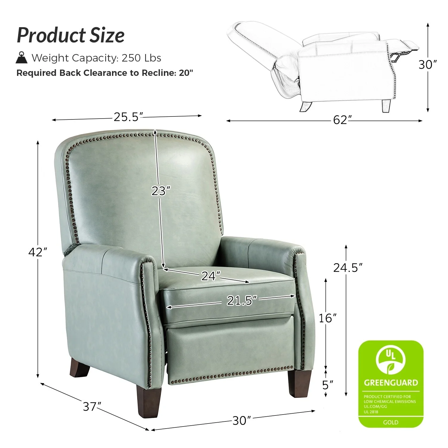 Gladis Modern Retro Genuine Leather Recliner with Nailhead Trim by HULALA HOME