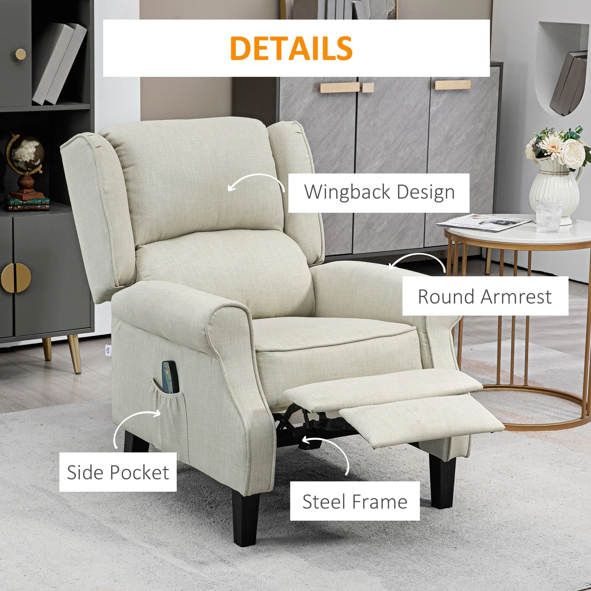 White Linen Wingback Recliner with Vibration Massage, Heat, Footrest