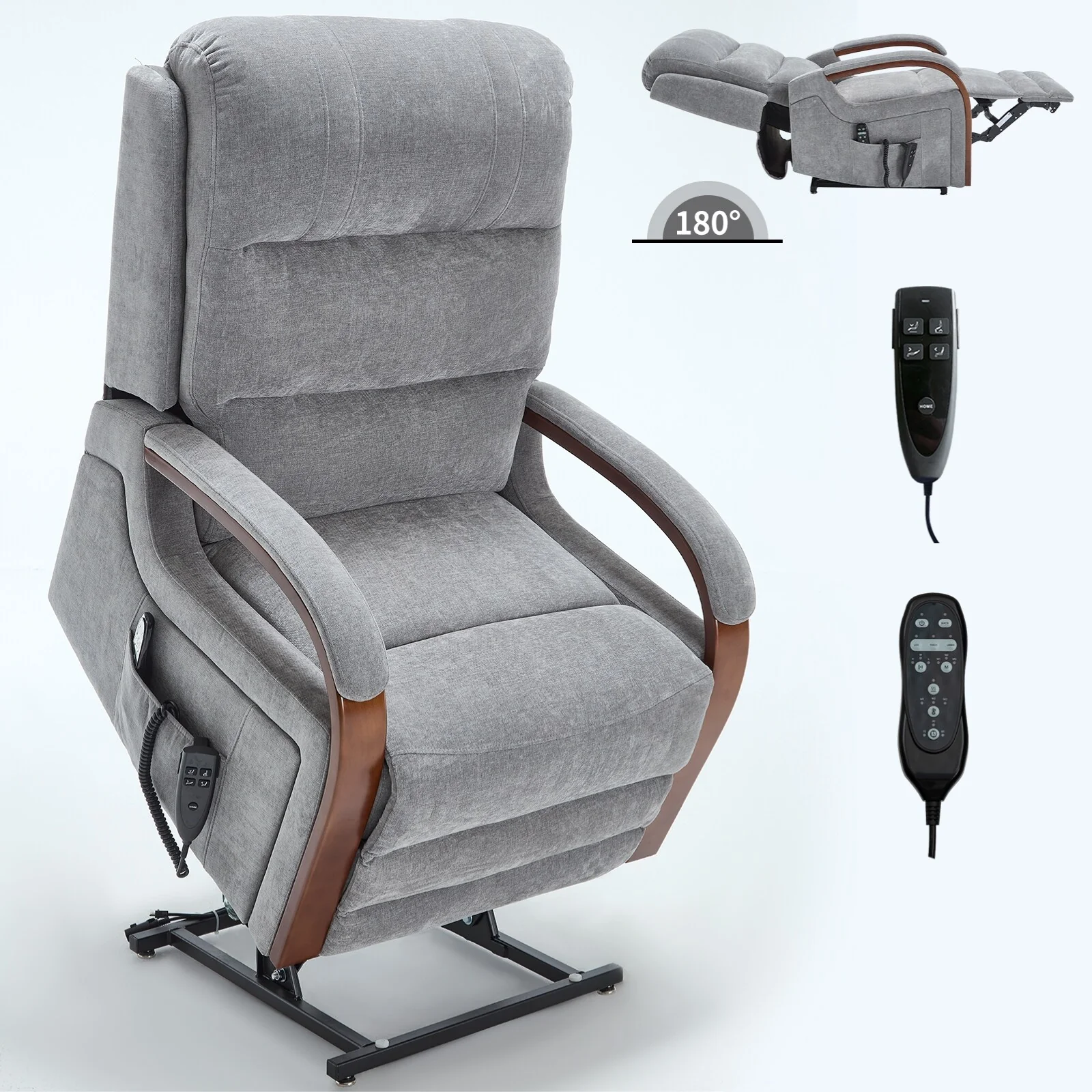 Chenille Power Lift Recliner with Massage & Wood Armrests