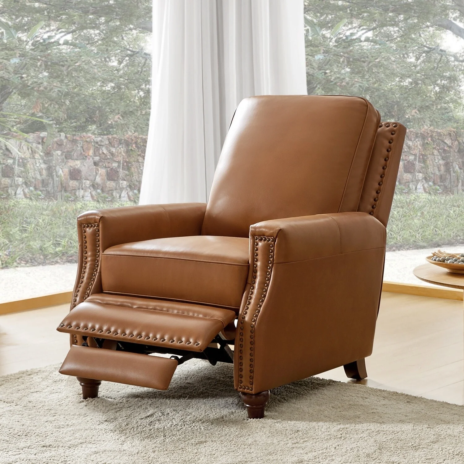 Cigar Mid-century Modern Genuine Leather Recliner with Nailhead Trim by HULALA HOME