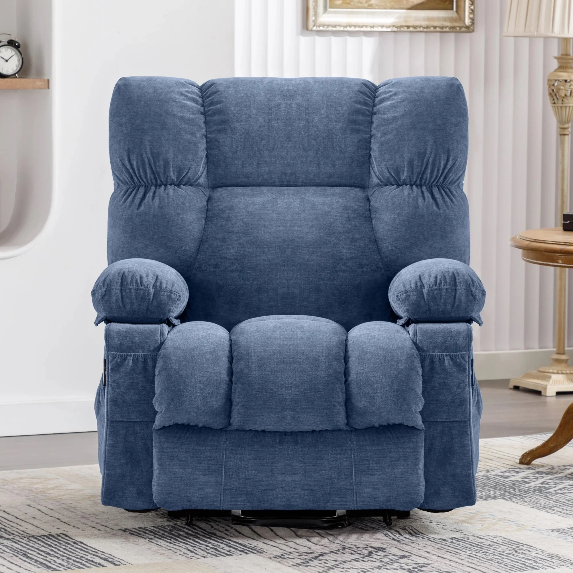 Blue Power Lift Recliner Chair with Heat, Massage, USB Charging, Side Pockets and Remote Control