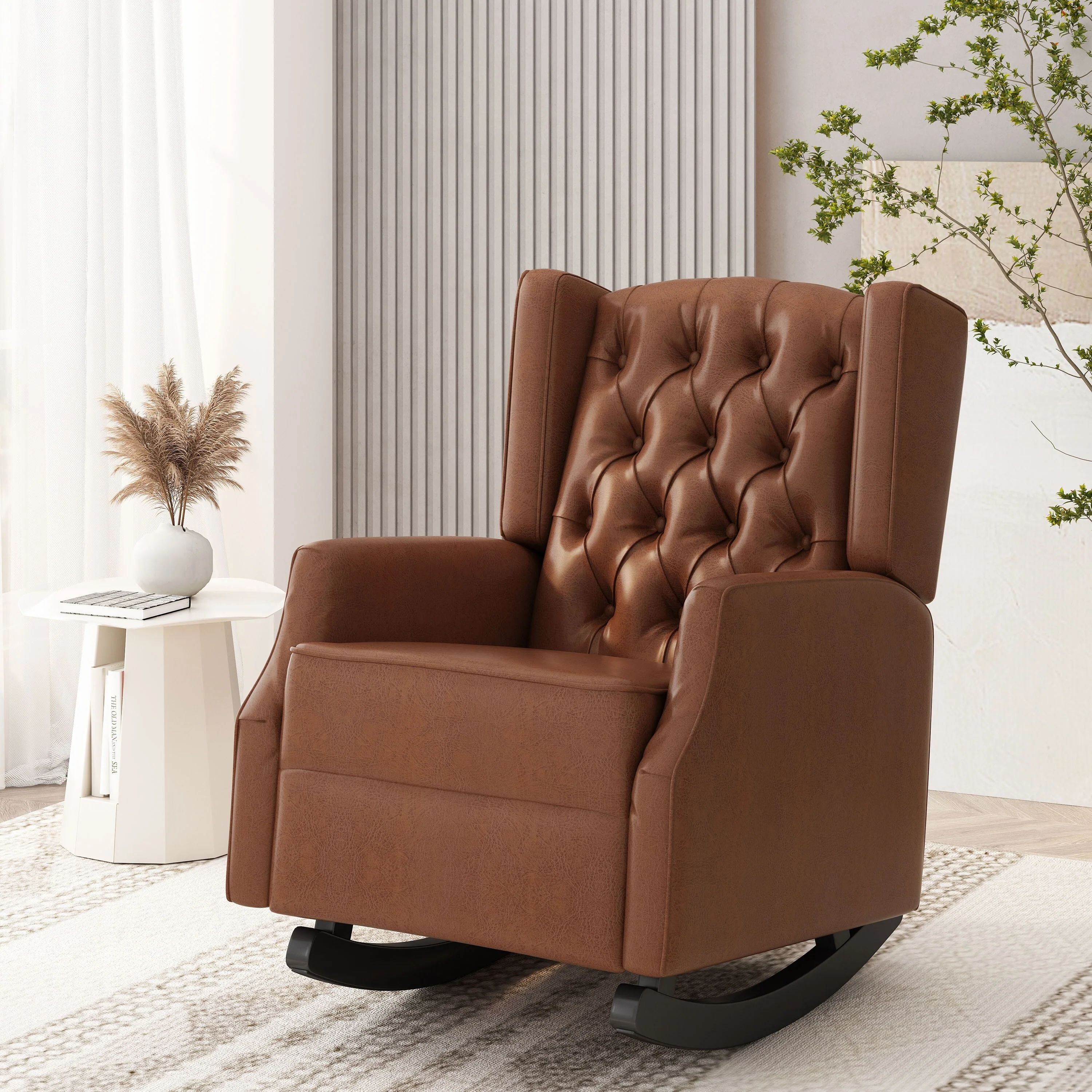 Roomfitters Faux Leather Rocking Chair with Button Tufting and Wingback Design, Upholstered Accent Nursery Chair