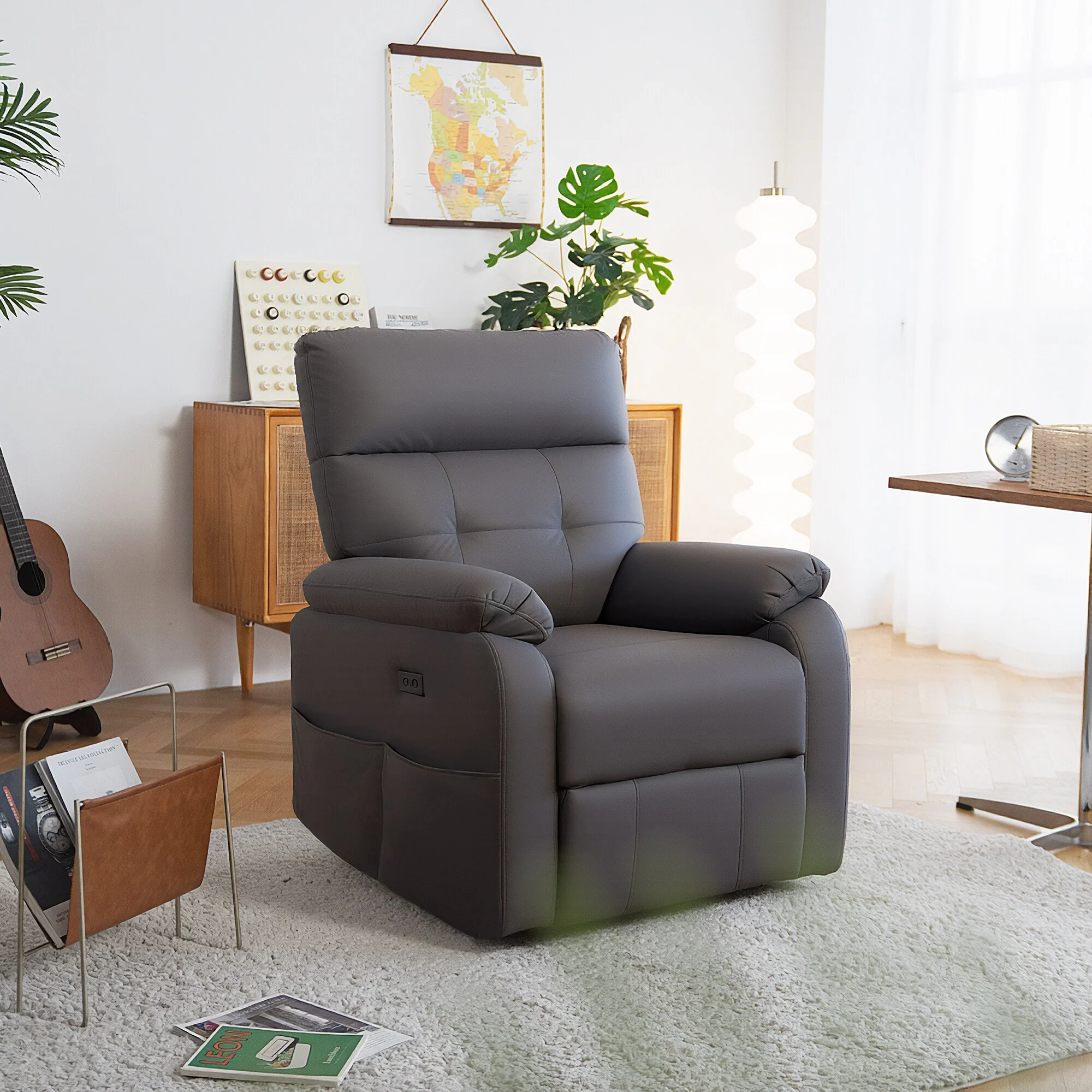 Recliner Chair, Reclining Chair with USB and Type-C Ports, Side Pocket, Oversized Recliner Chairs with Lumbar Support