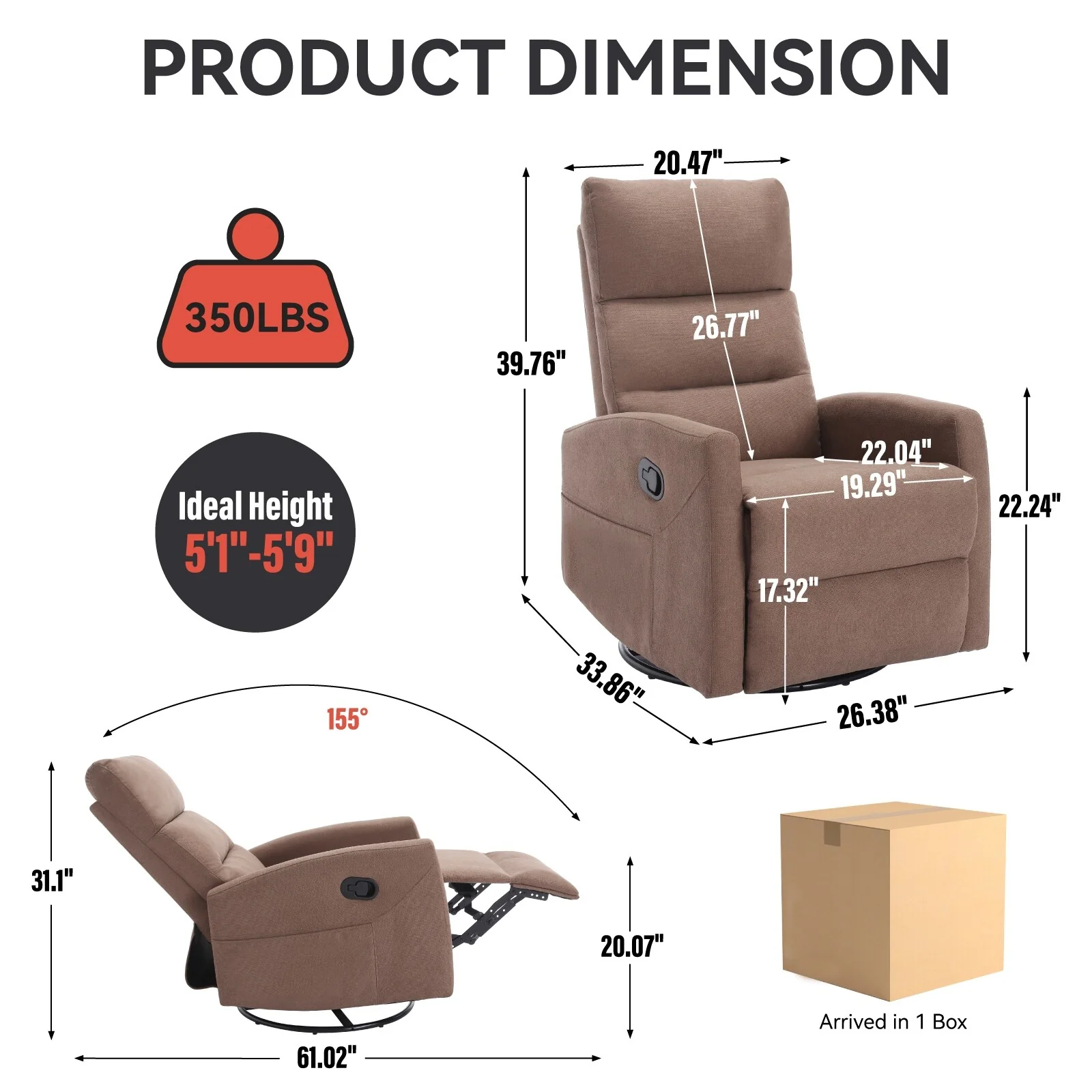 Swivel Rocking Recliner Chair with 155�� Recline and Tool-Free Assembly