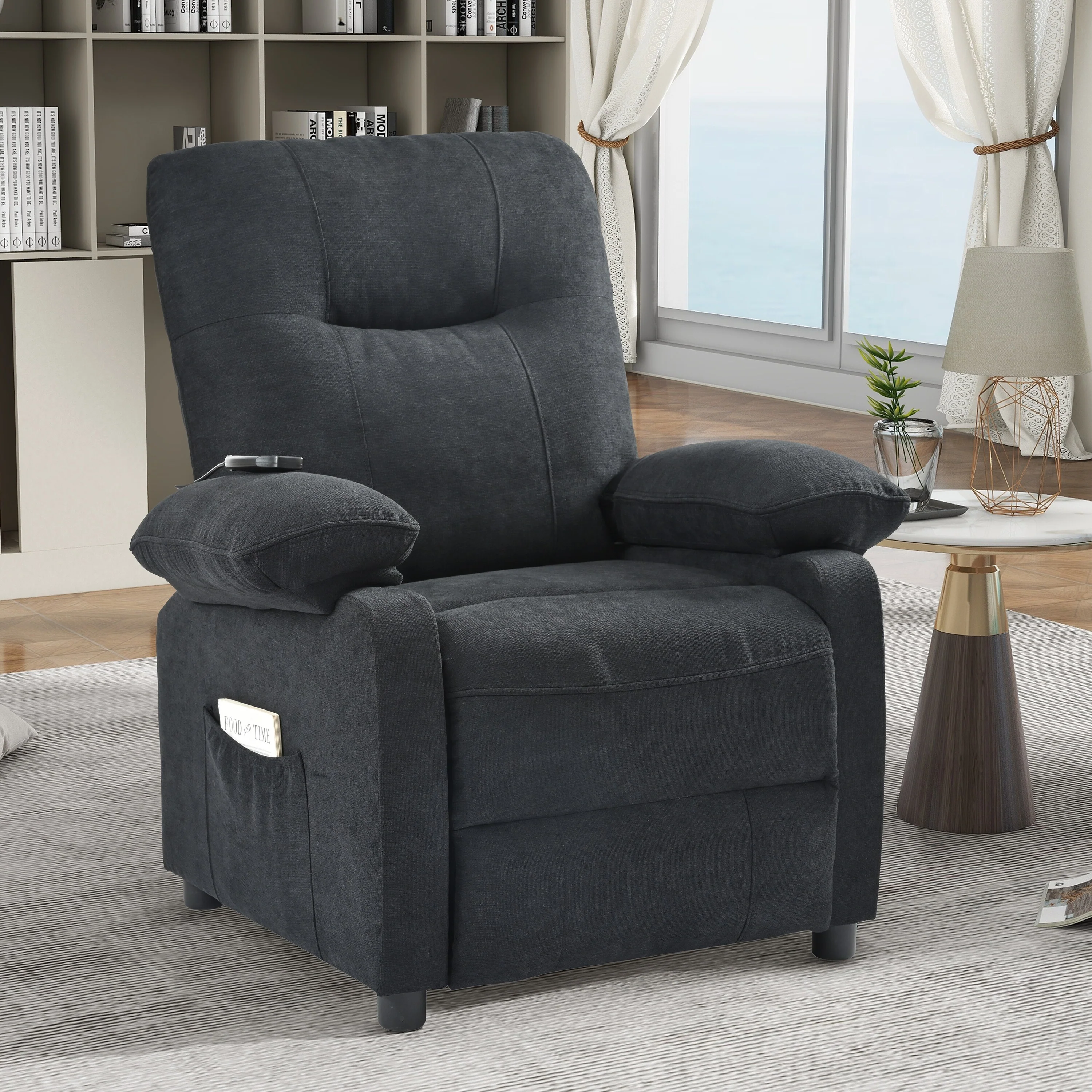 Black Manual Recliner Chair with Massage and Heating, Sturdy Solid Wood Frame, Comfortable Fabric