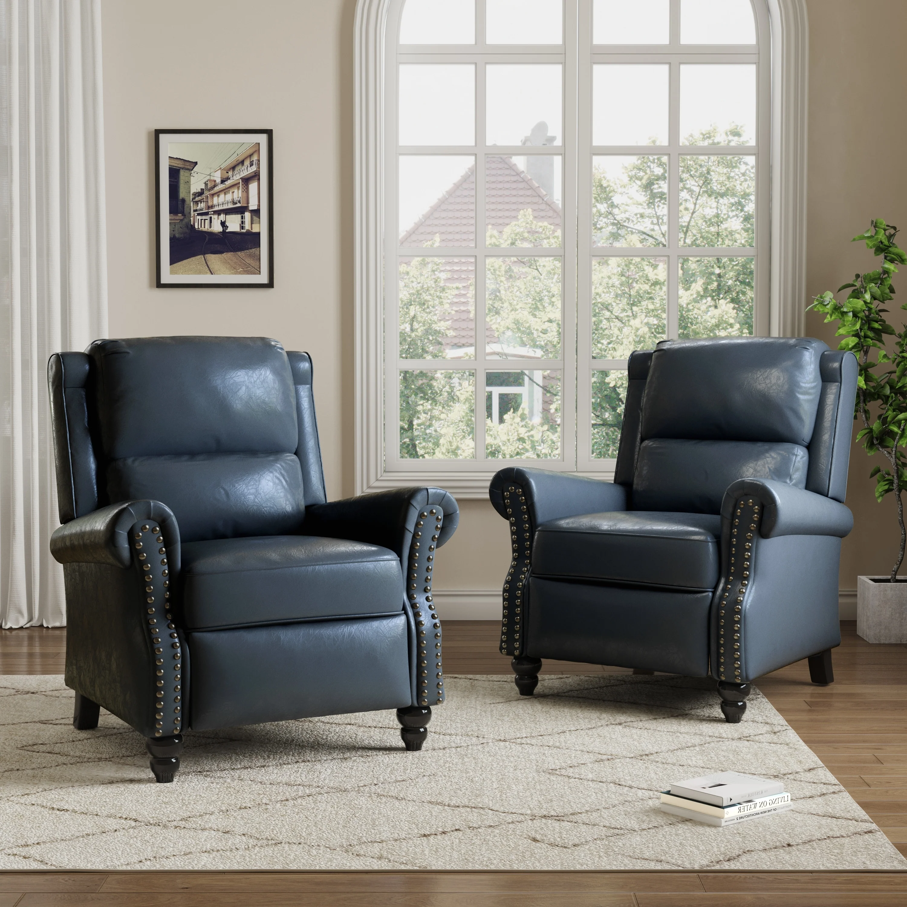 2 Set Manual Pushback Recliner Chair with Nailhead Trim