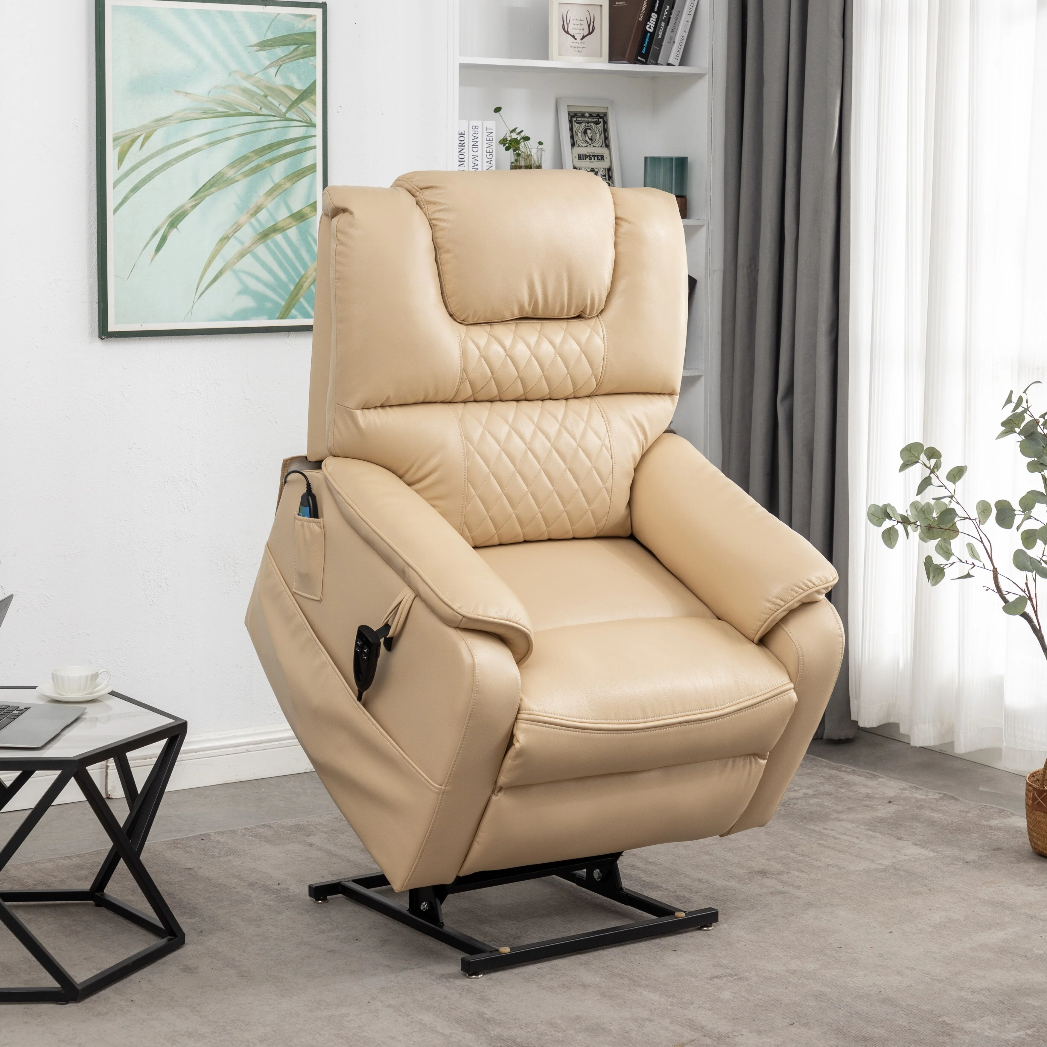 Beige PU Leather Power Lift Recliner, Massage, Flat Lay