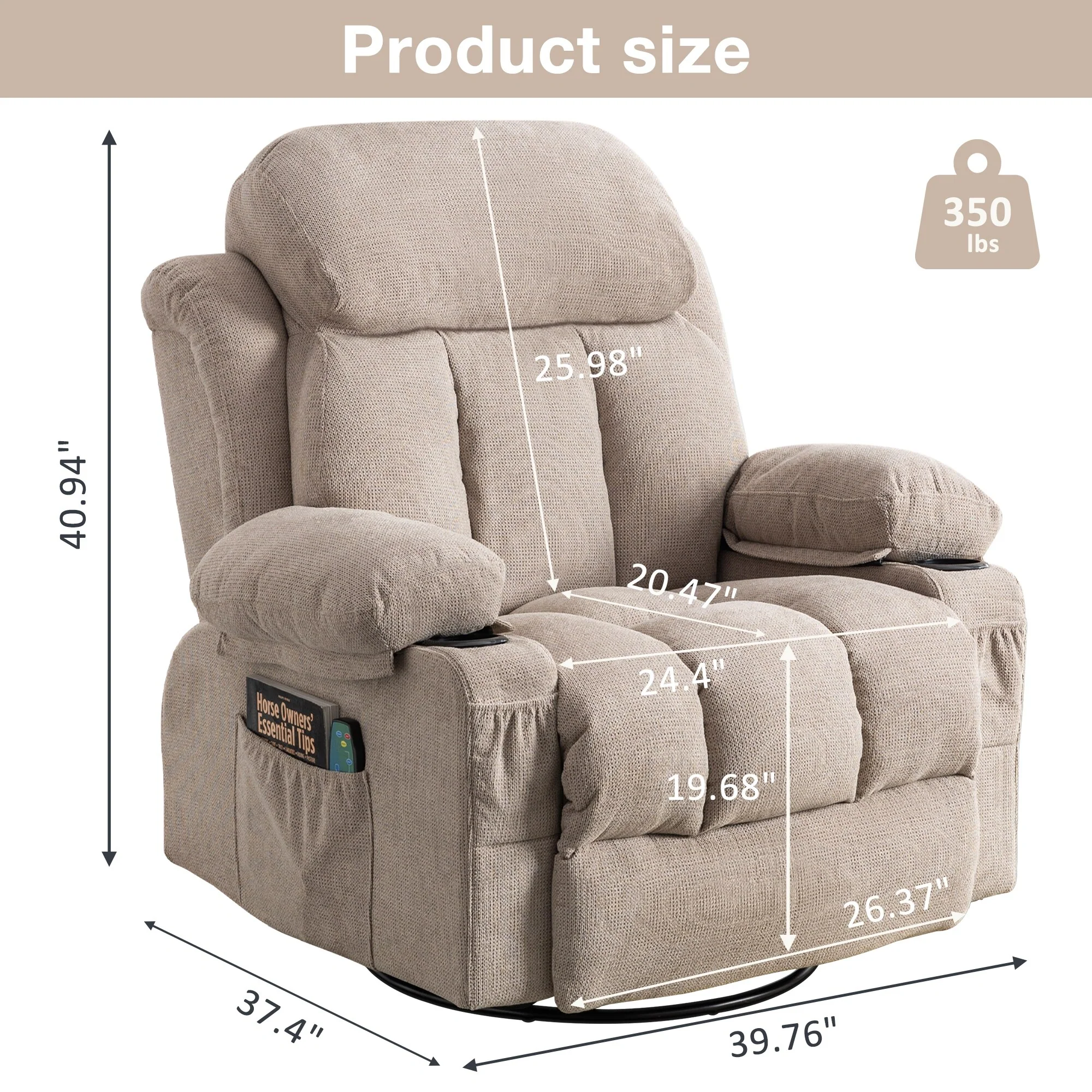 Massage 360 Swivel Rocker Recliner Chair, Heating, Cup Holders, USB