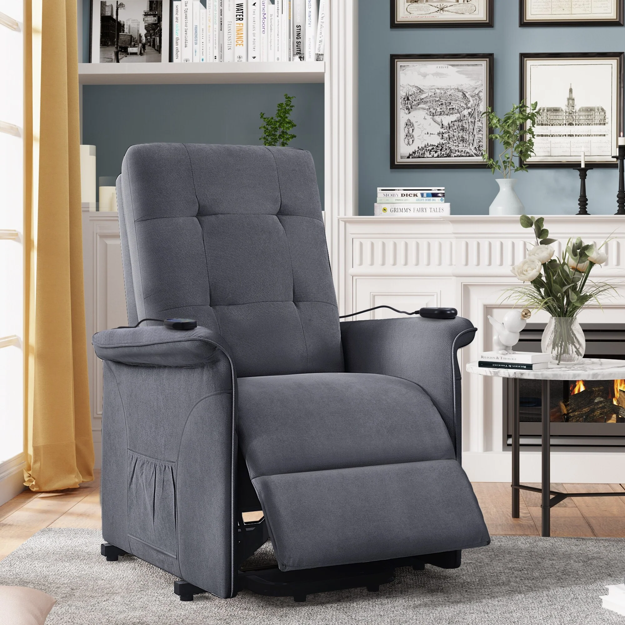 Grey Elderly Lift Recliner with Adjustable Massage, Overstuffed Cushioning, Remote Control, and Convenient Side Pockets