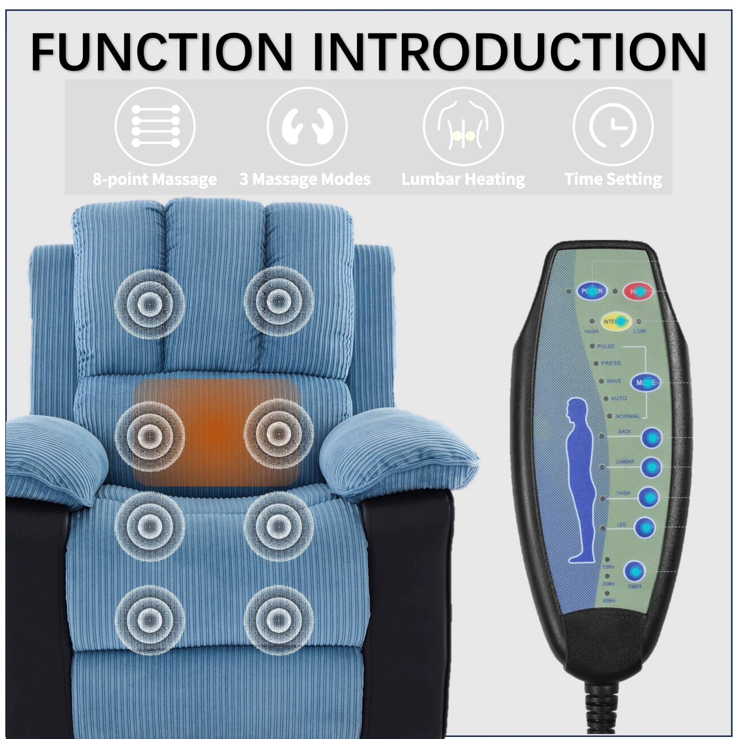 Blue Recliner with Heat, Massage & Modern Design