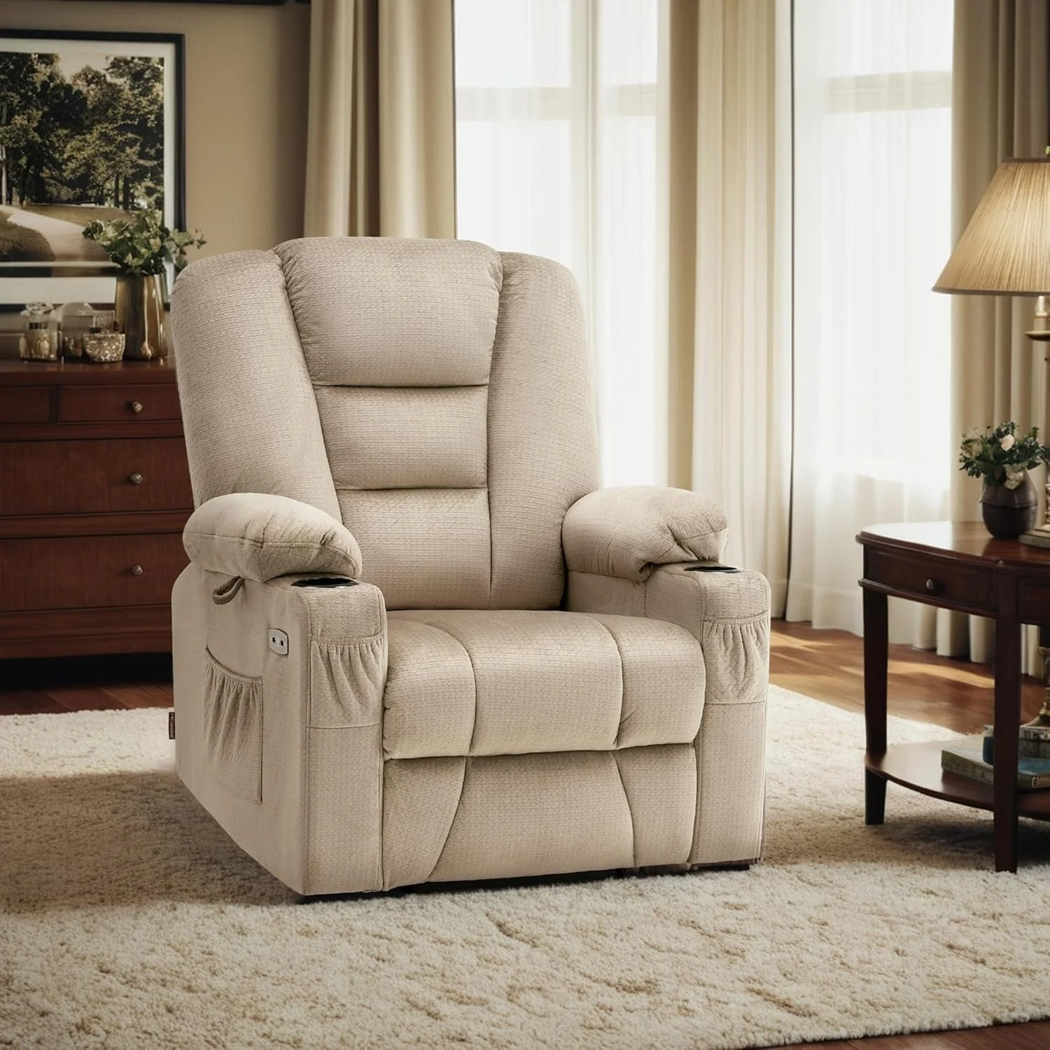 MCombo Power Lift Recliner Chair with Massage and Heat for Elderly, Extended Footrest, USB Ports, Fabric (Medium)