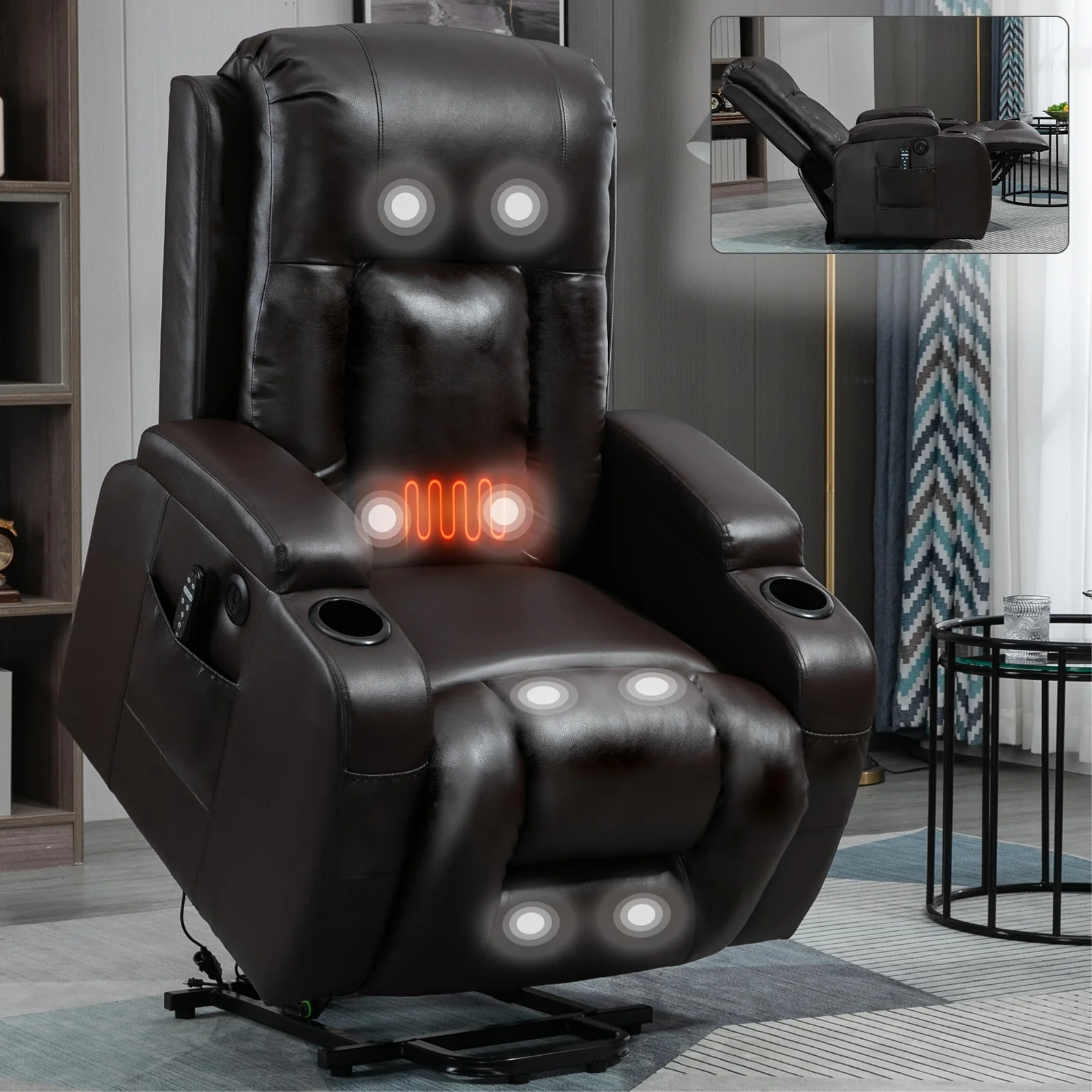 Heavy-Duty Power Lift Recliner with 8-Point Massage, Lumbar Heat Therapy, USB Charging, Dual Cup Holders, and Spacious Seating