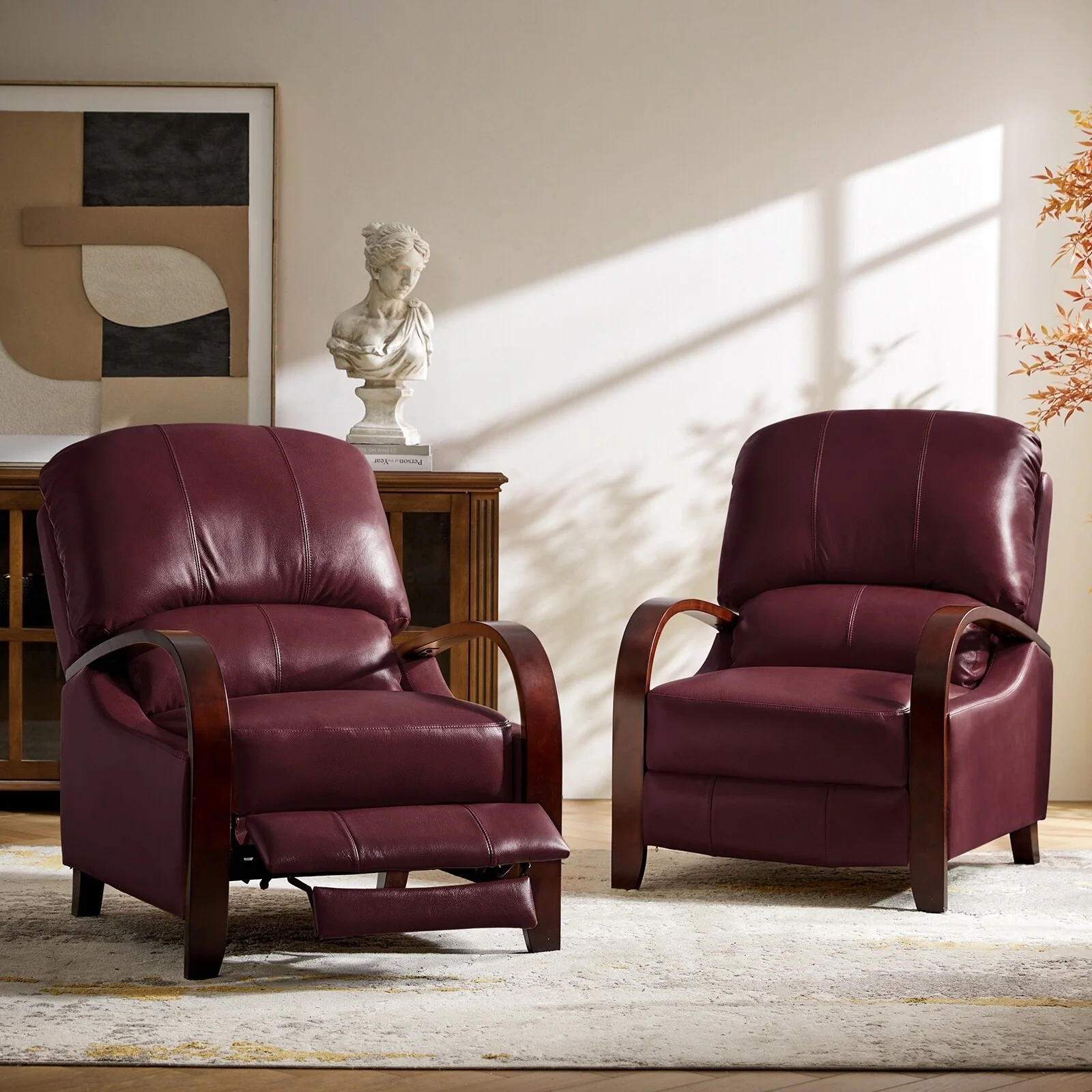 Alex Mid-century Modern Cigar Genuine Leather Manual Recliner with Wooden Curved Arms, Set of 2