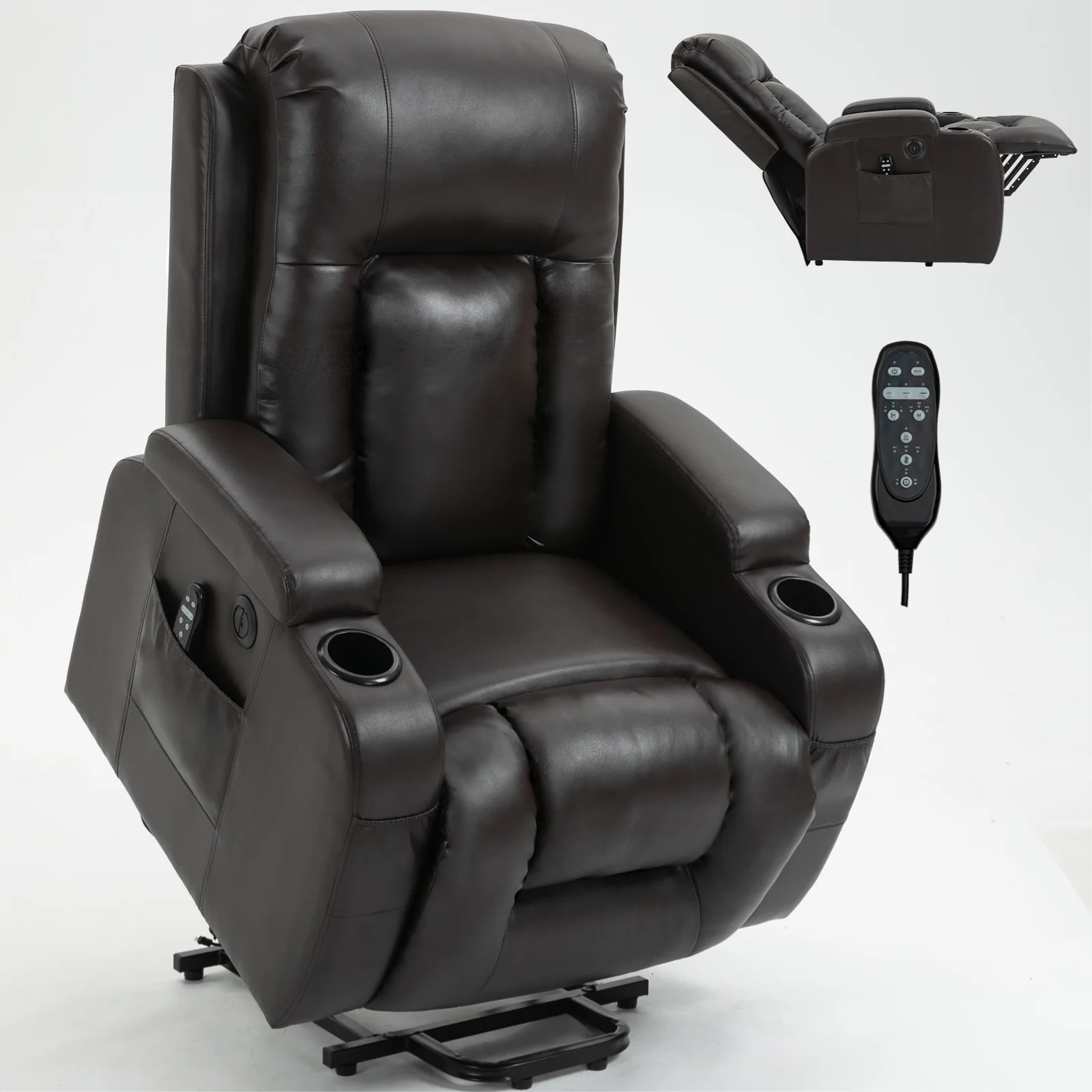 Heavy-Duty Power Lift Recliner with 8-Point Massage, Lumbar Heat Therapy, USB Charging, Dual Cup Holders, and Spacious Seating