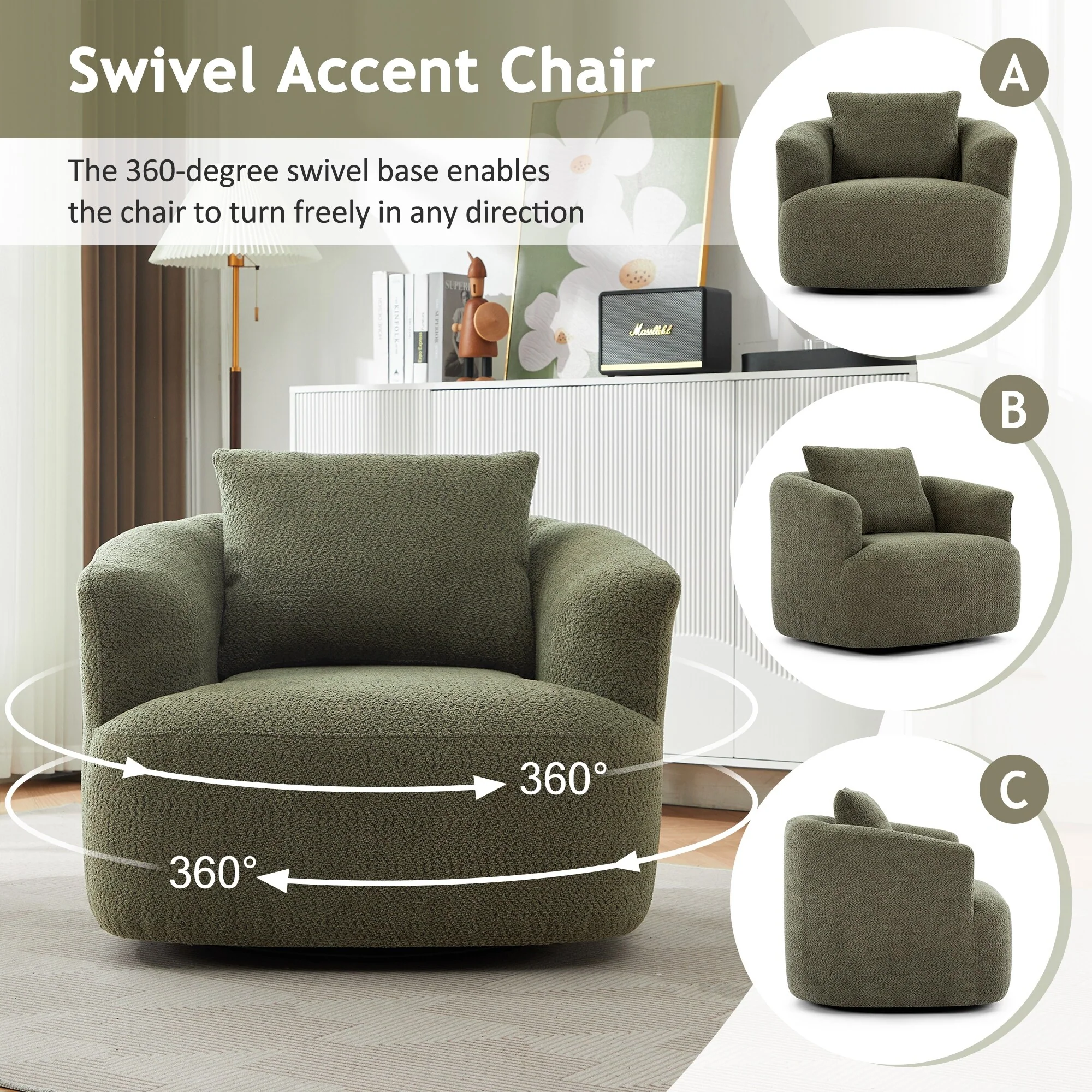 360�� Swivel Chair, 38.2 Boucle Accent Chair with Throw Pillow, Upholstered Barrel Sofa Chair with Curved Armrests