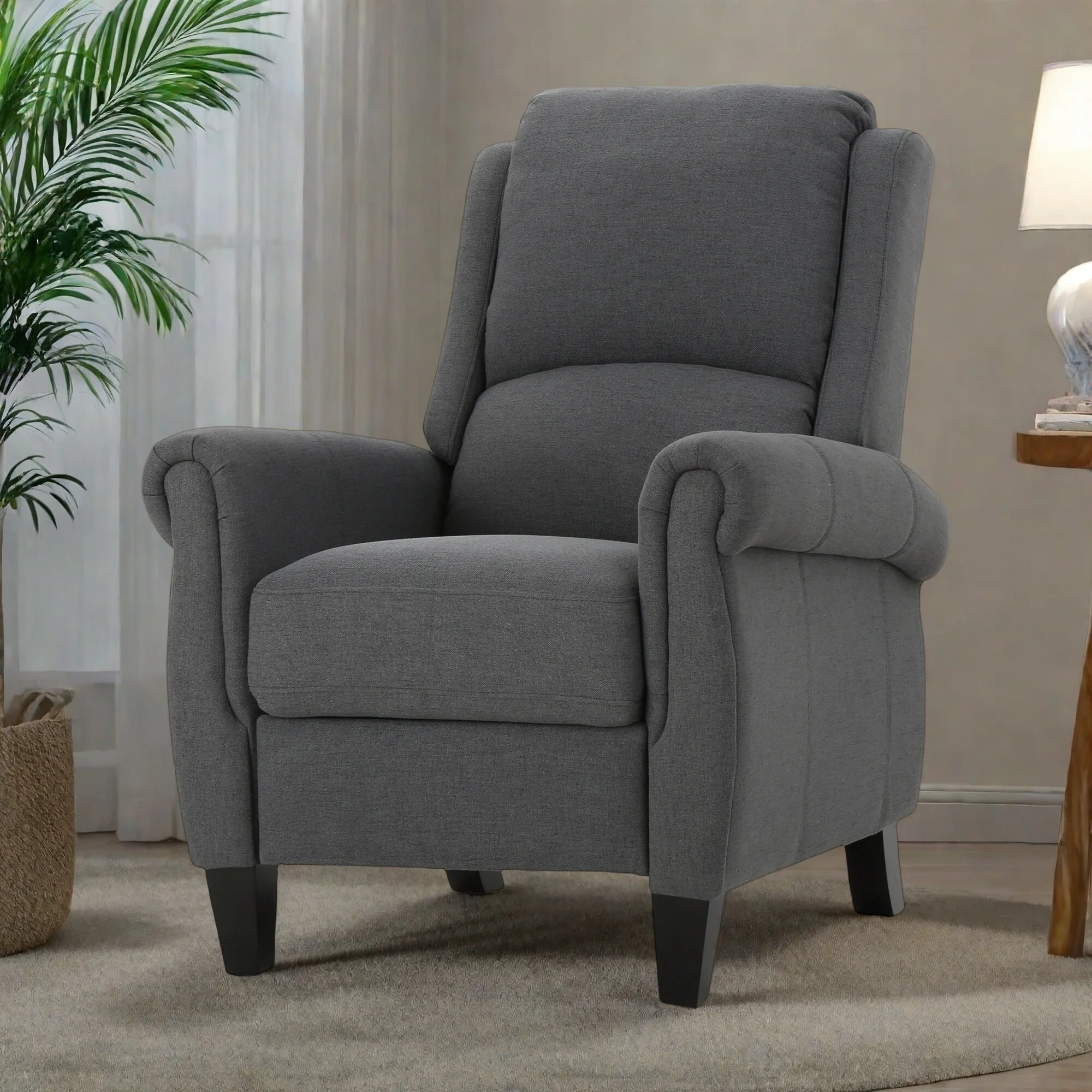 Recliner Chair with Push-Back Mechanism and Charcoal Upholstery - Modern Living Room Accent Piece with Easy-Care Fabric