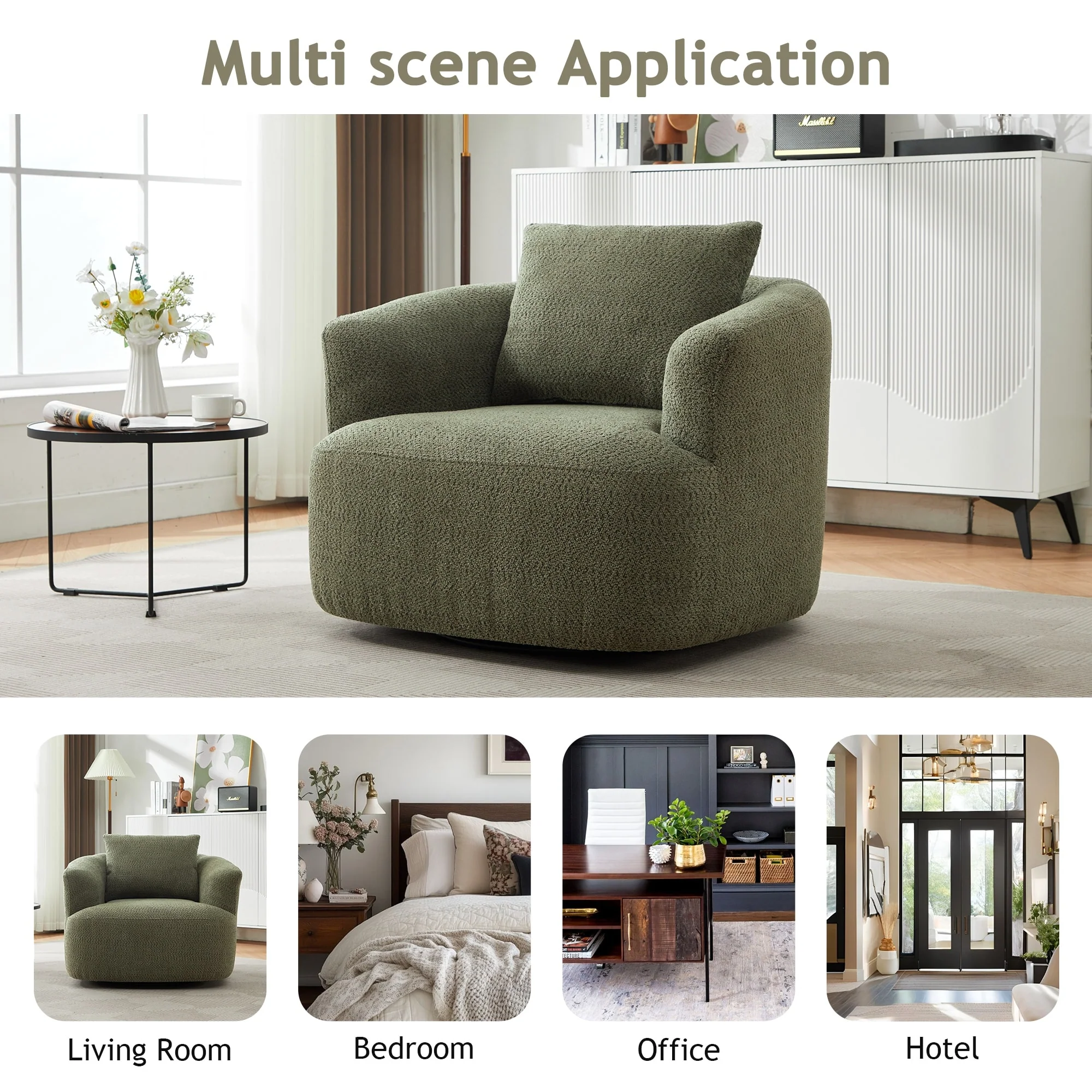 360�� Swivel Chair, 38.2 Boucle Accent Chair with Throw Pillow, Upholstered Barrel Sofa Chair with Curved Armrests