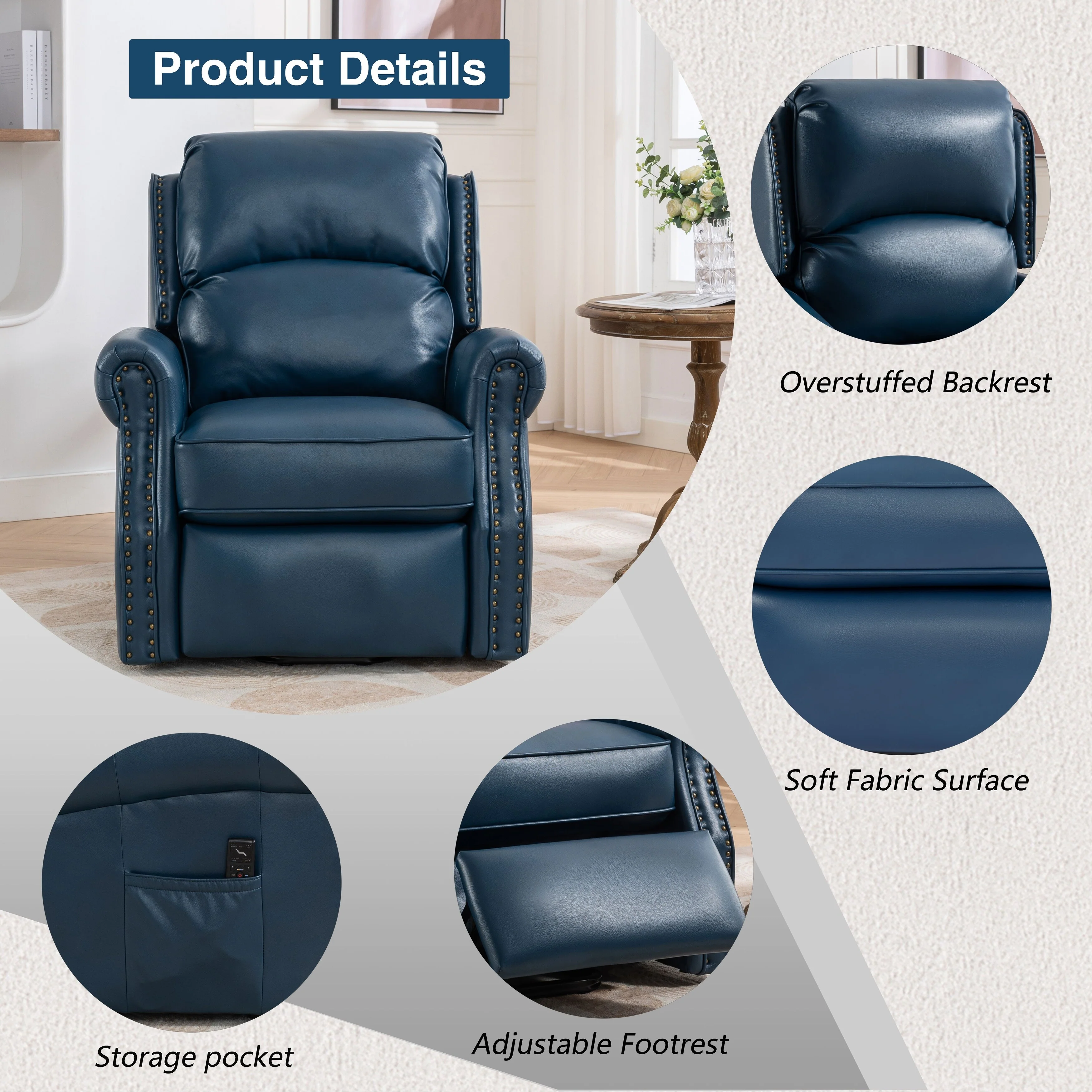Blue Electric Power Lift Recliner with Massage, Heat, USB, and Side Pocket