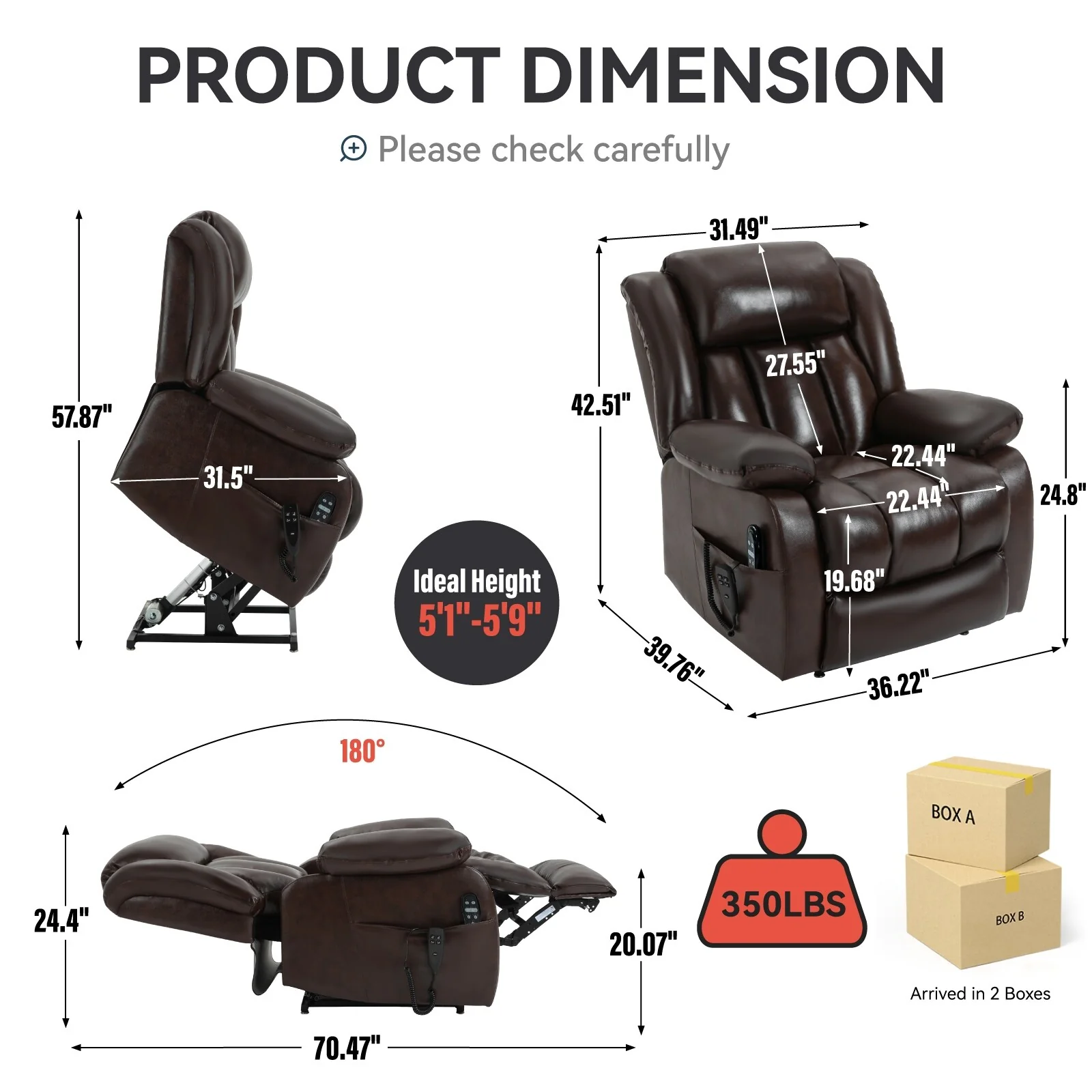 Brown Medium Electric Power Lift Recliner in Genuine Leather with Dual Motors, 8-Point Massage, and Lumbar Heating
