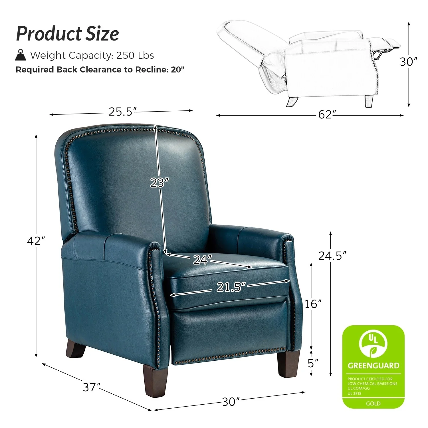 Gladis Modern Retro Genuine Leather Recliner with Nailhead Trim by HULALA HOME