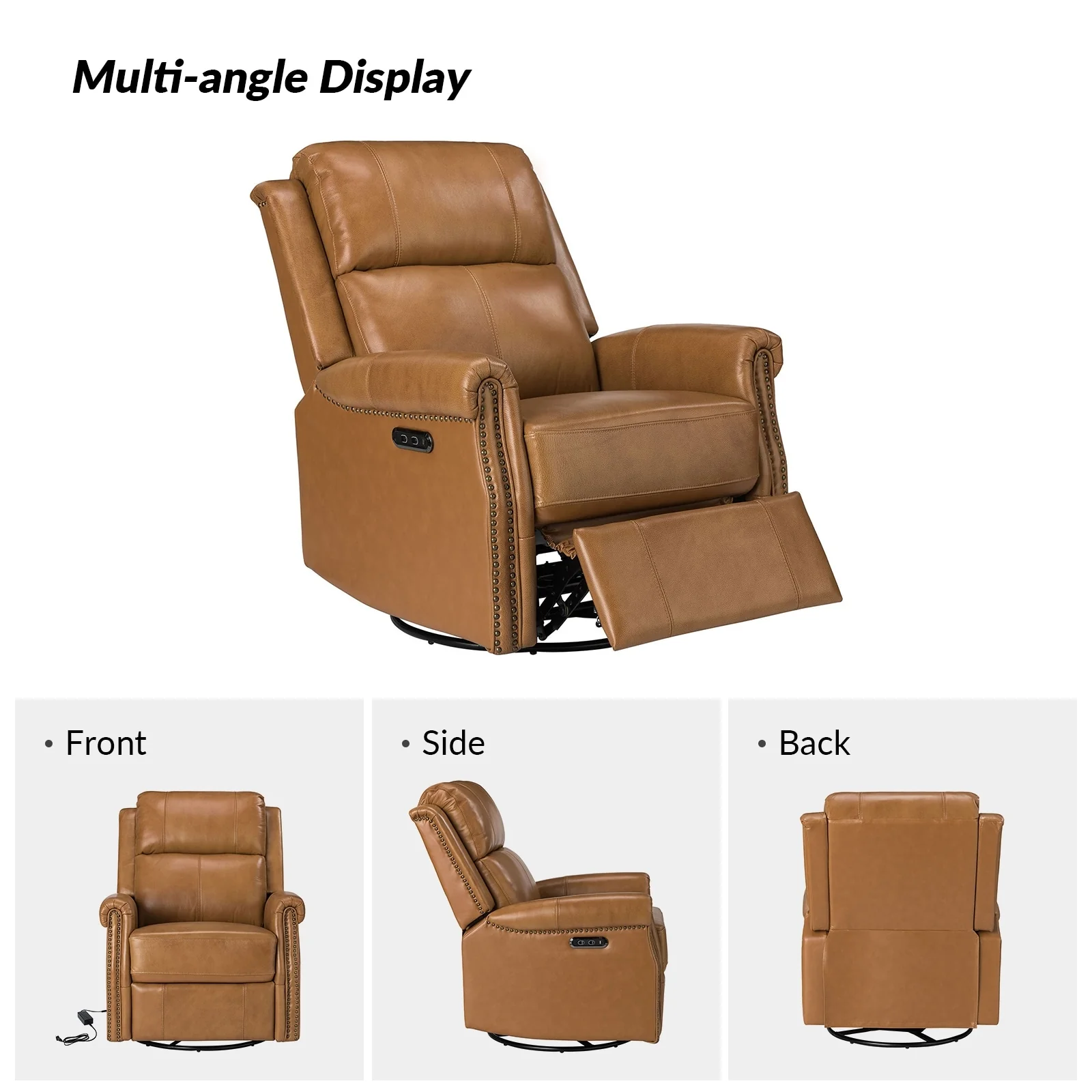 Renato Traditional Genuine Leather Nailhead Power Swivel Recliner Chair with Metal Base Set of 2 by HULALA HOME