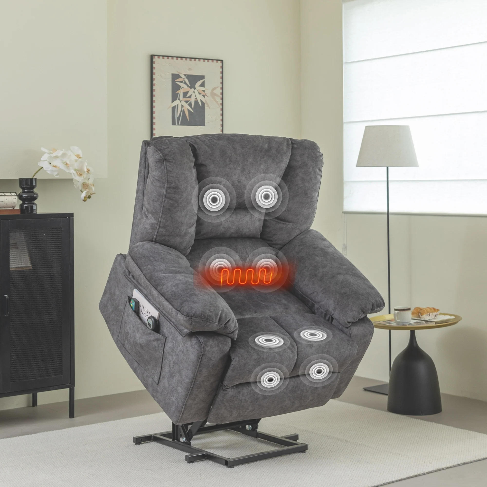 Grey Power Lift Recliner with Massage & Adjustable Positions