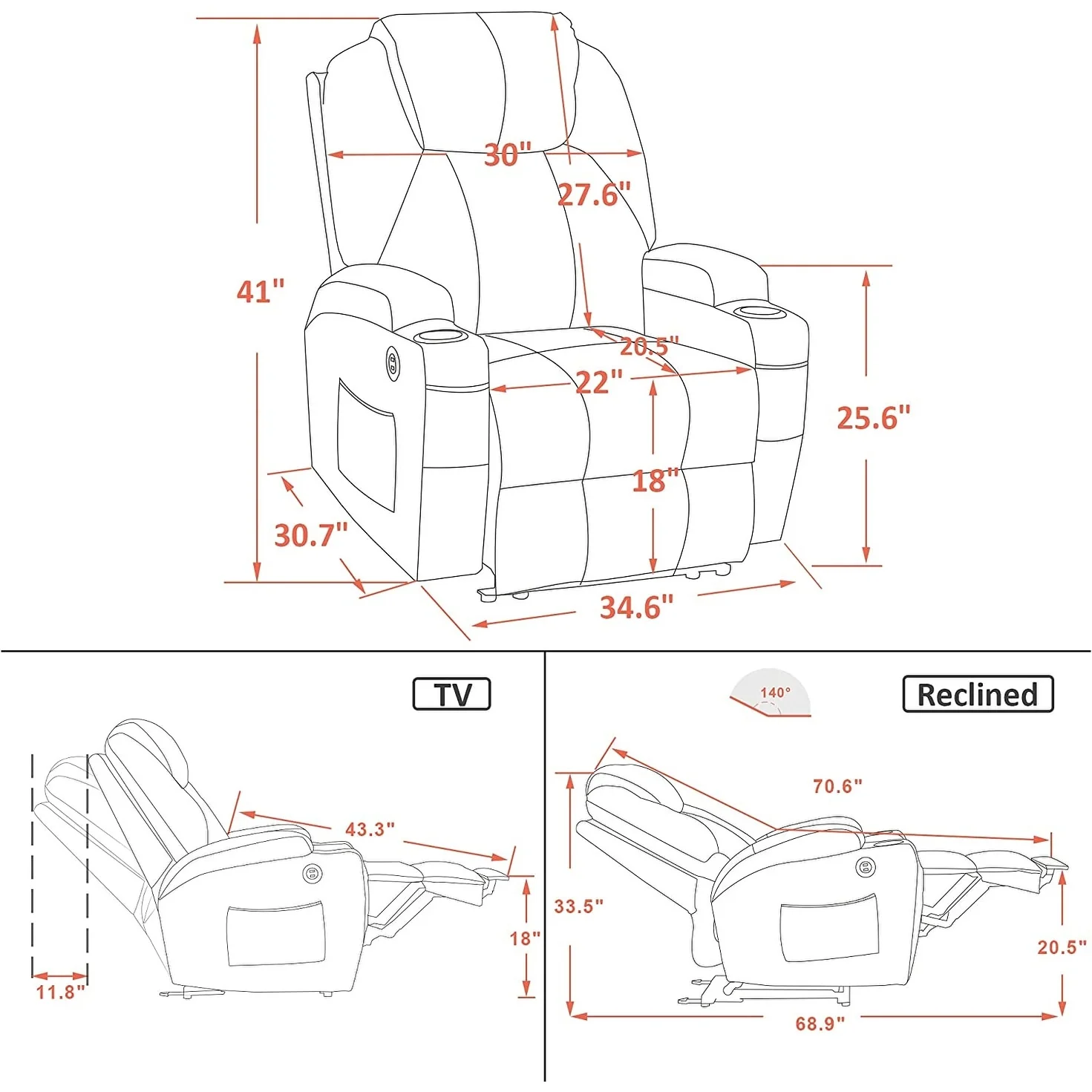 Mcombo Electric Power Recliner Chair with Massage and Heat, Faux Leather 7050