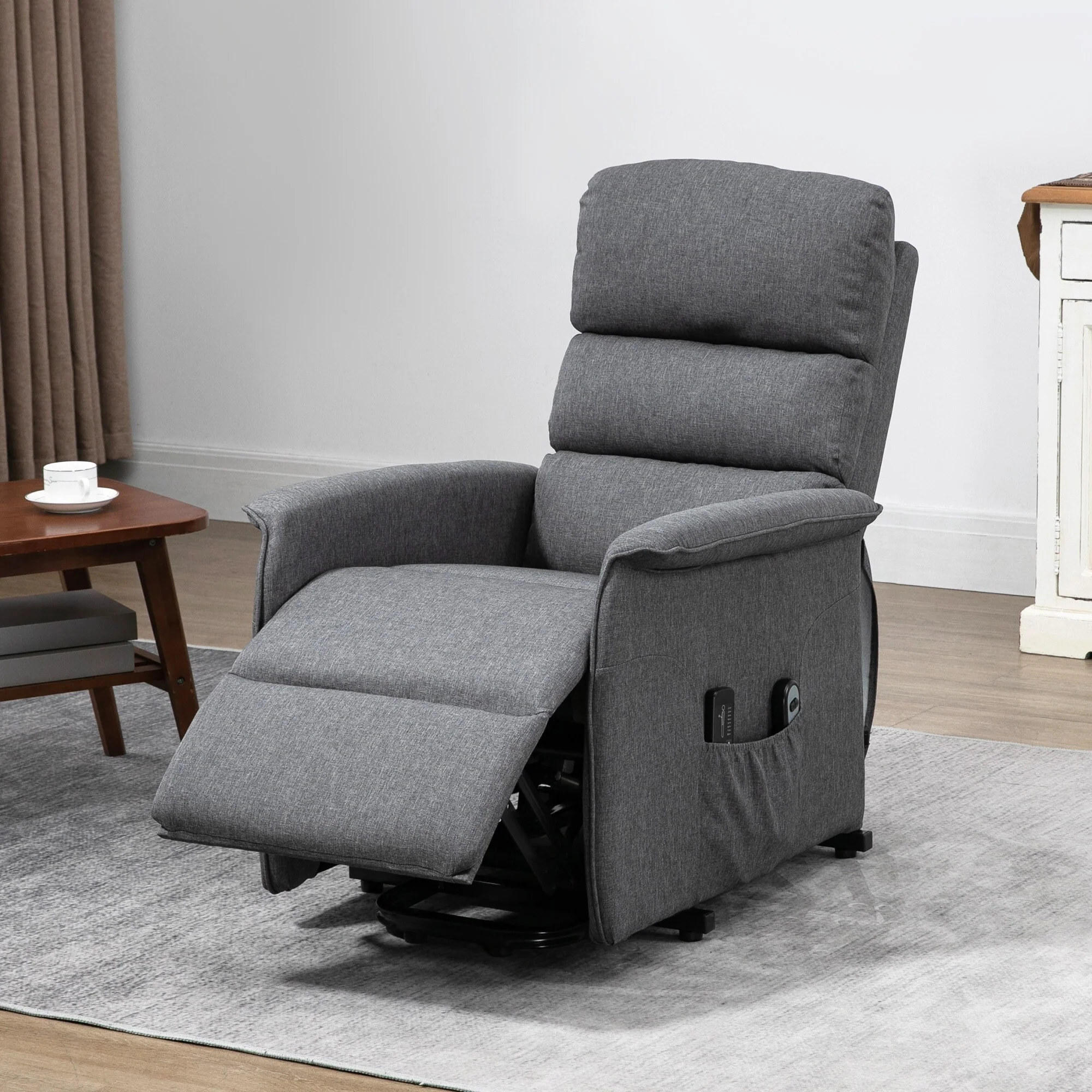 Grey Power Lift Recliner Chair with Vibration Massage, Remote Control, Side Pockets, Adjustable Recline, and Footrest