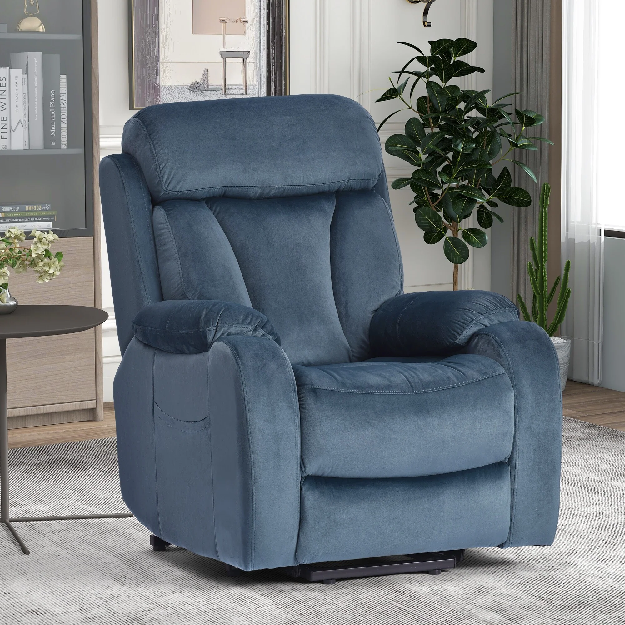 Blue Power Lift Recliner for Seniors with Remote, Anti-Skid Upholstery, Overstuffed Cushion, and Side Storage Pocket