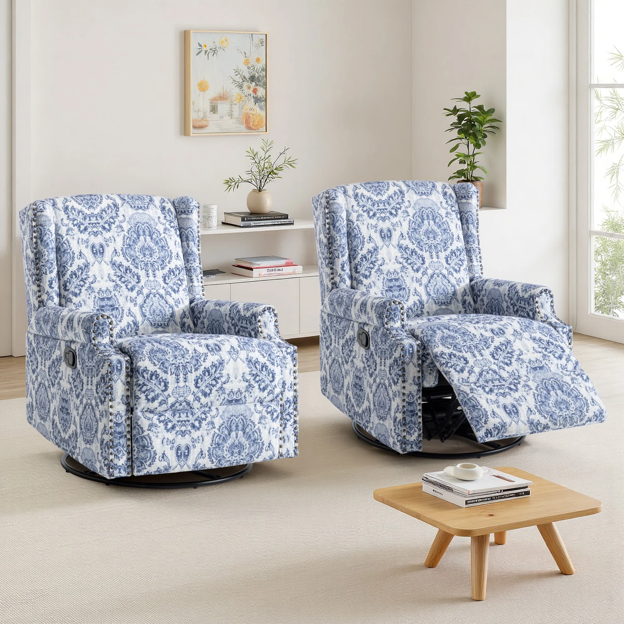 29'' W Pattern Swivel Glider Manual Push Back Recliner Chair Set of 2