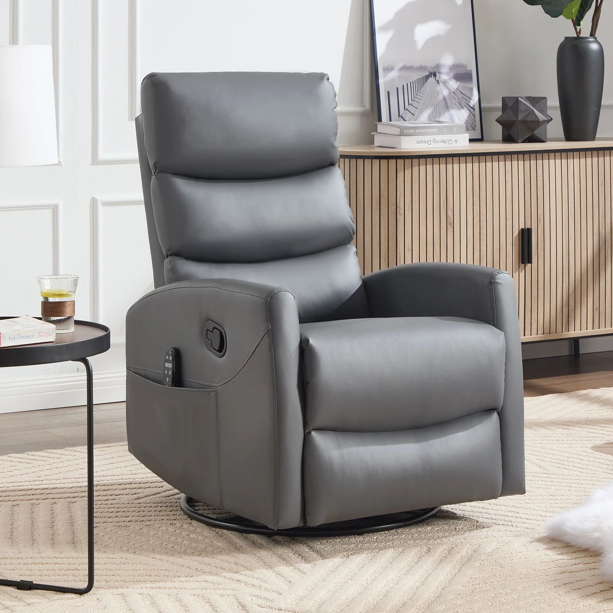 Heat Massage Manual Recliner Chair with Rocker and Swivel in Fabric for Living Room