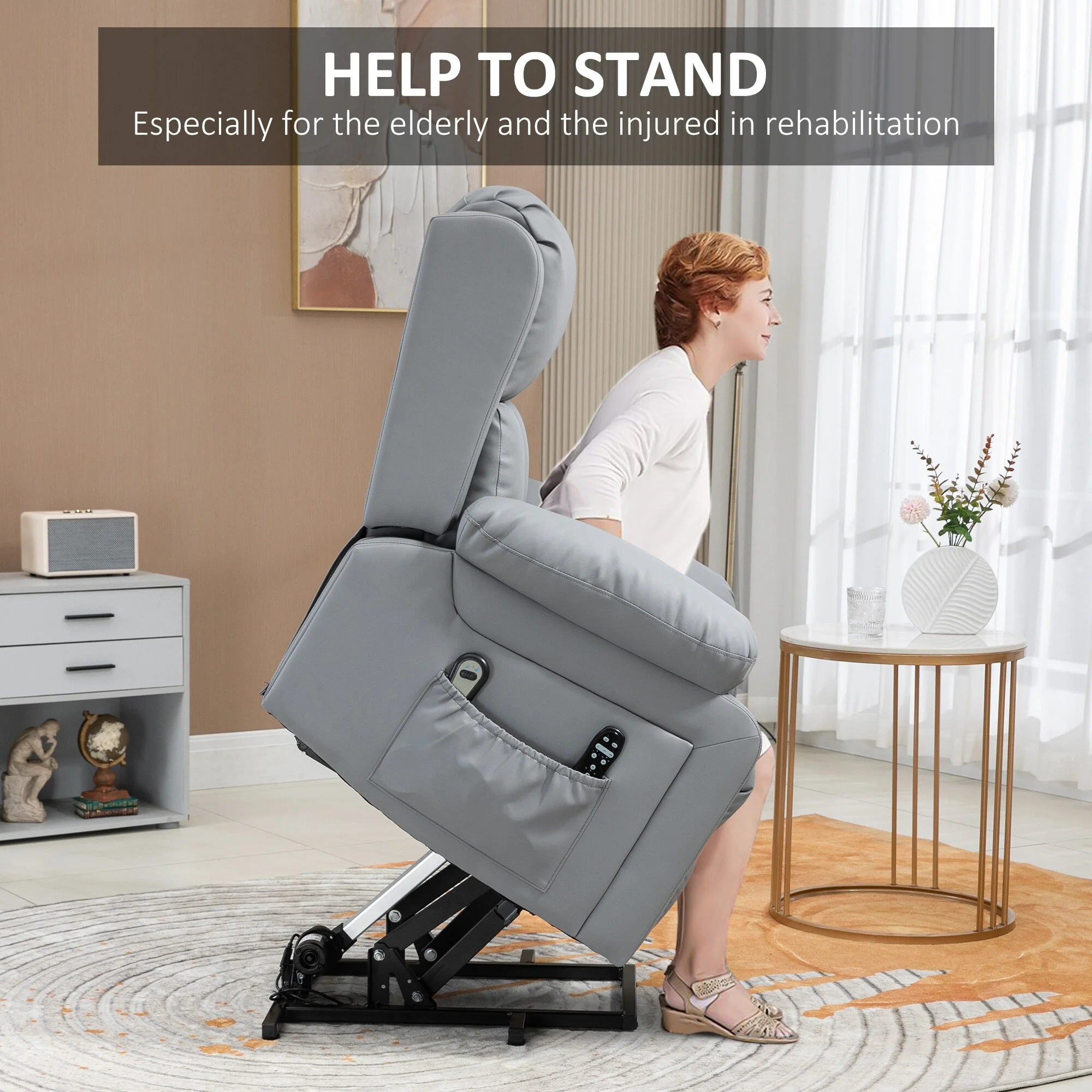 PU Leather Lift Recliner featuring Vibration Massage, Heating, Remote Control, and Side Pockets