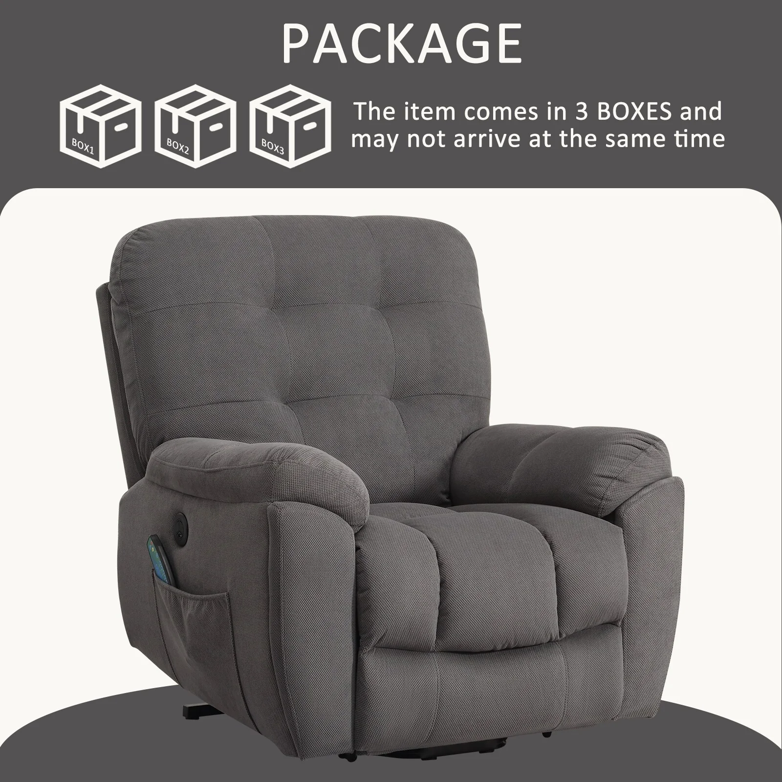 Grey Power Lift Recliner with Vibration Massage, Heat, USB, and Hidden Cup Holders